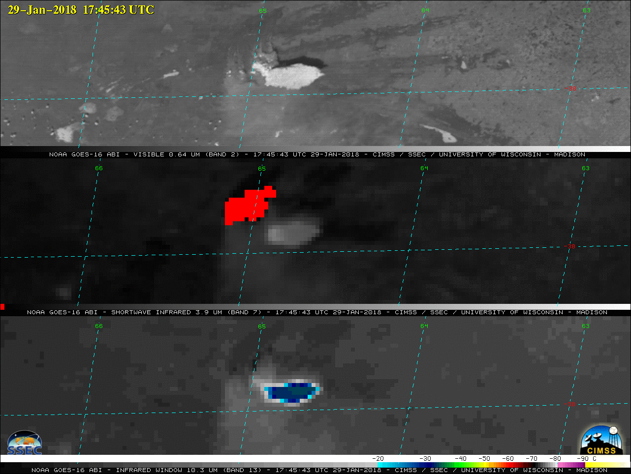 GOES-16 Visible (0.64 µm, top), Shortwave Infrared (3.9 µm, center) and Infrared Window (10.3 µm) images [click to play animation]