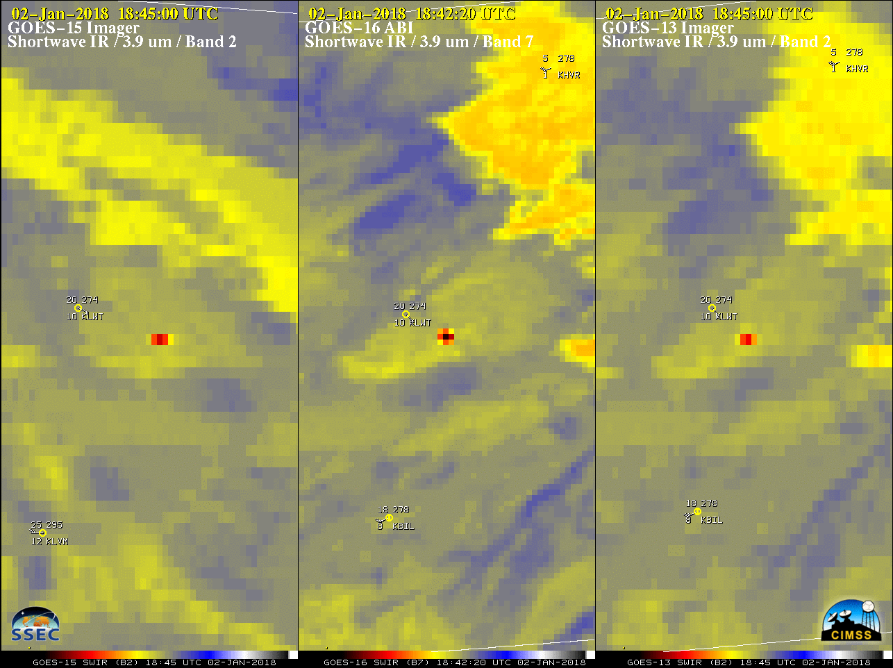 GOES-15 (left), GOES-16 (center) and GOES-13 (right) Shortwave Infrared (3.9 µm) images, with plots of hourly surface reports [click to play MP4 animation]
