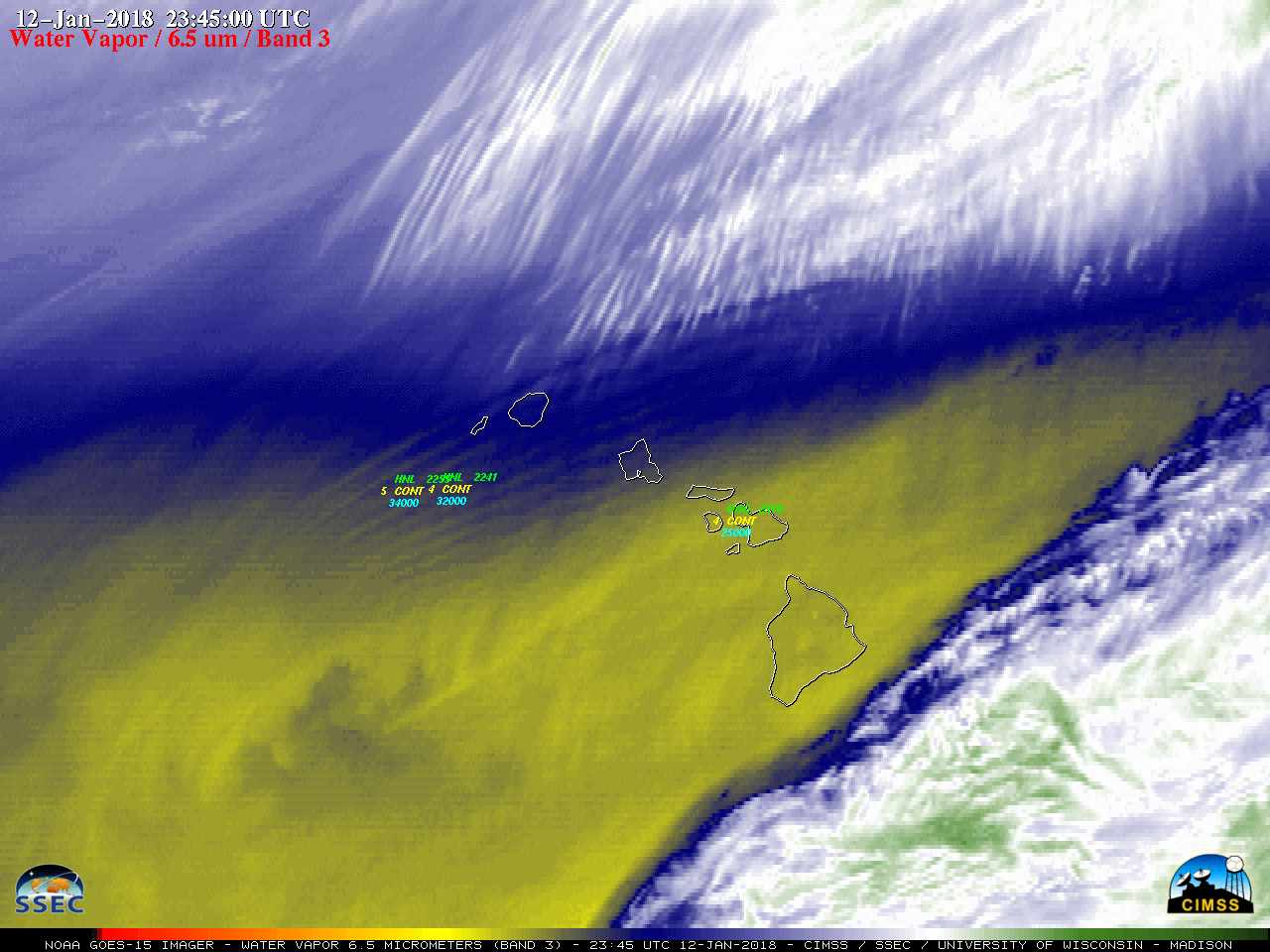 GOES-15 Water Vapor (6.5 µm) images, with hourly pilot reports of turbulence [click to play animation]