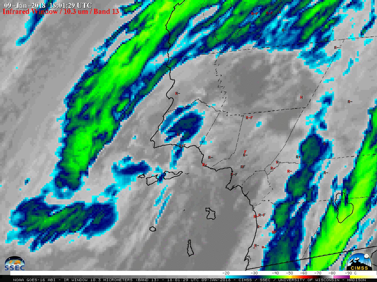 1-minute GOES-16 Infrared Window (10.3 µm) images; with hourly reports of surface weather type plotted in yellow [click to play MP4 animation]