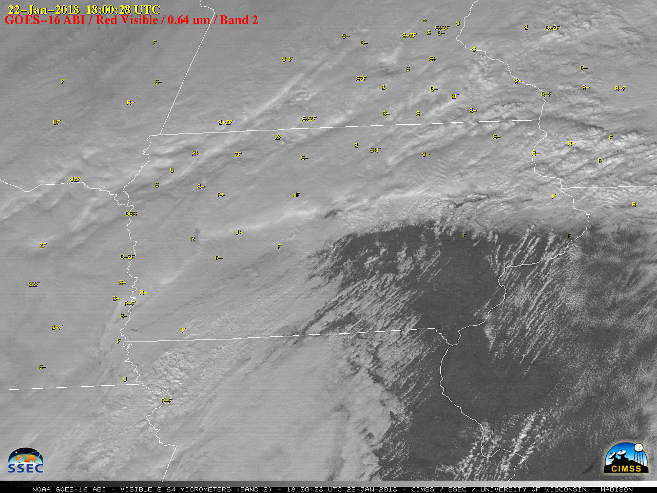GOES-16 Visible (0.64 µm) images, with hourly precipitation type plotted in yellow [click to play MP4 animation]