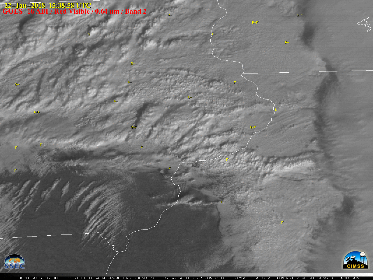 30-second GOES-16 Visible (0.64 µm) images, with hourly precipitation type plotted in yellow [click to play MP4 animation]