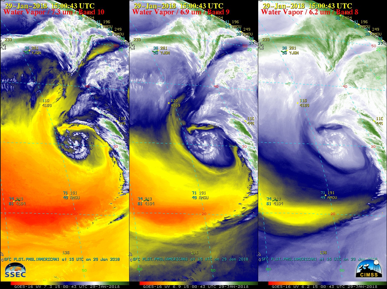 GOES-16 Low-level (7.3 µm, left), Mid-level (6.9 µm, center) and Upper-level (6.2 µm) images [click to play MP4 animation]