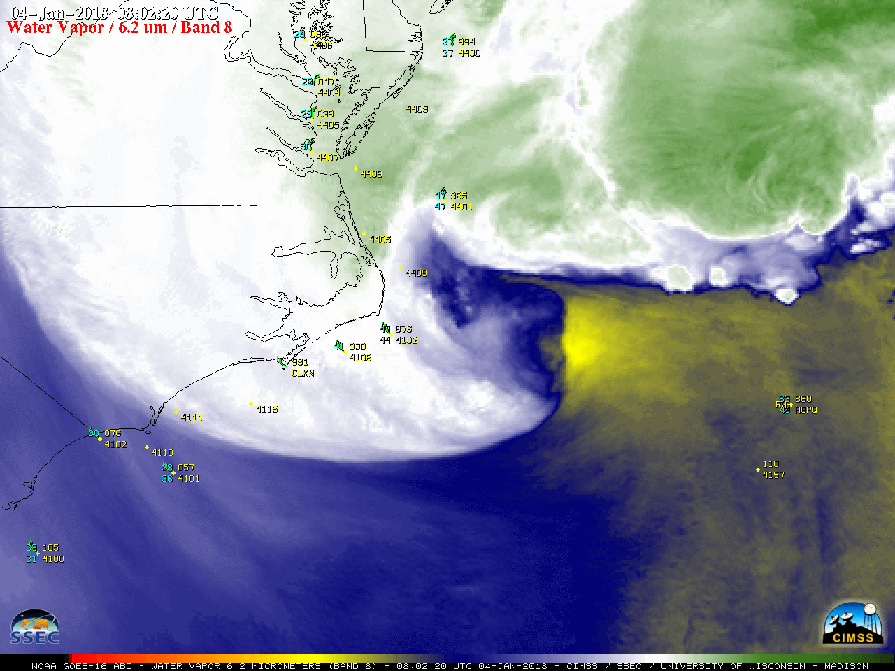 GOES-16 Upper-level (6.2 µm) images, with hourly plots of buoy and ship reports [click to play MP4 animation]