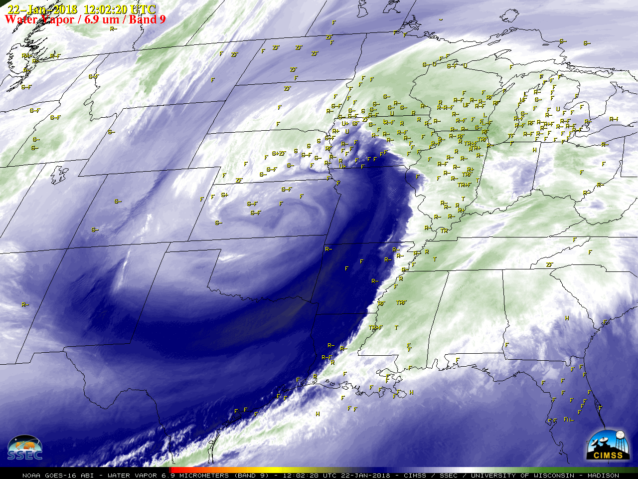 GOES-16 Water Vapor (6.9 µm) images, with hourly precipitation type plotted in yellow [click to play MP4 animation]