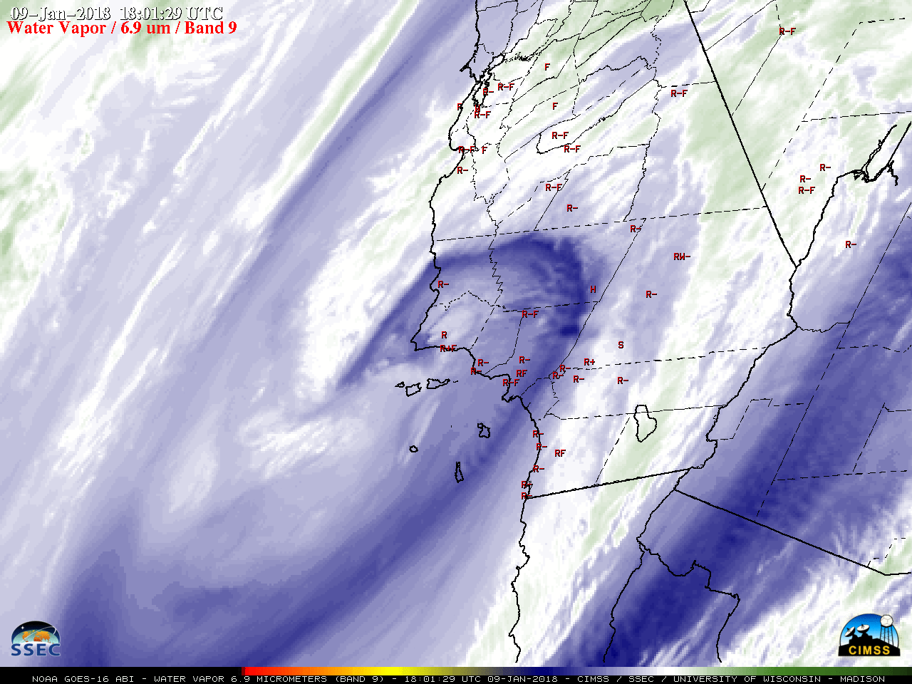 1-minute GOES-16 Water Vapor (6.9 µm) images; with hourly reports of surface weather type plotted in red [click to play MP4 animation]