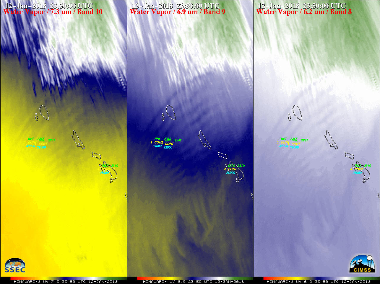 Himawari-8 Low-level (7.3 µm, left), Mid-level (6.9 µm, center) and 6.2 µm, right) Water Vapor images, with hourly pilot reports of turbulence [click to play animation]