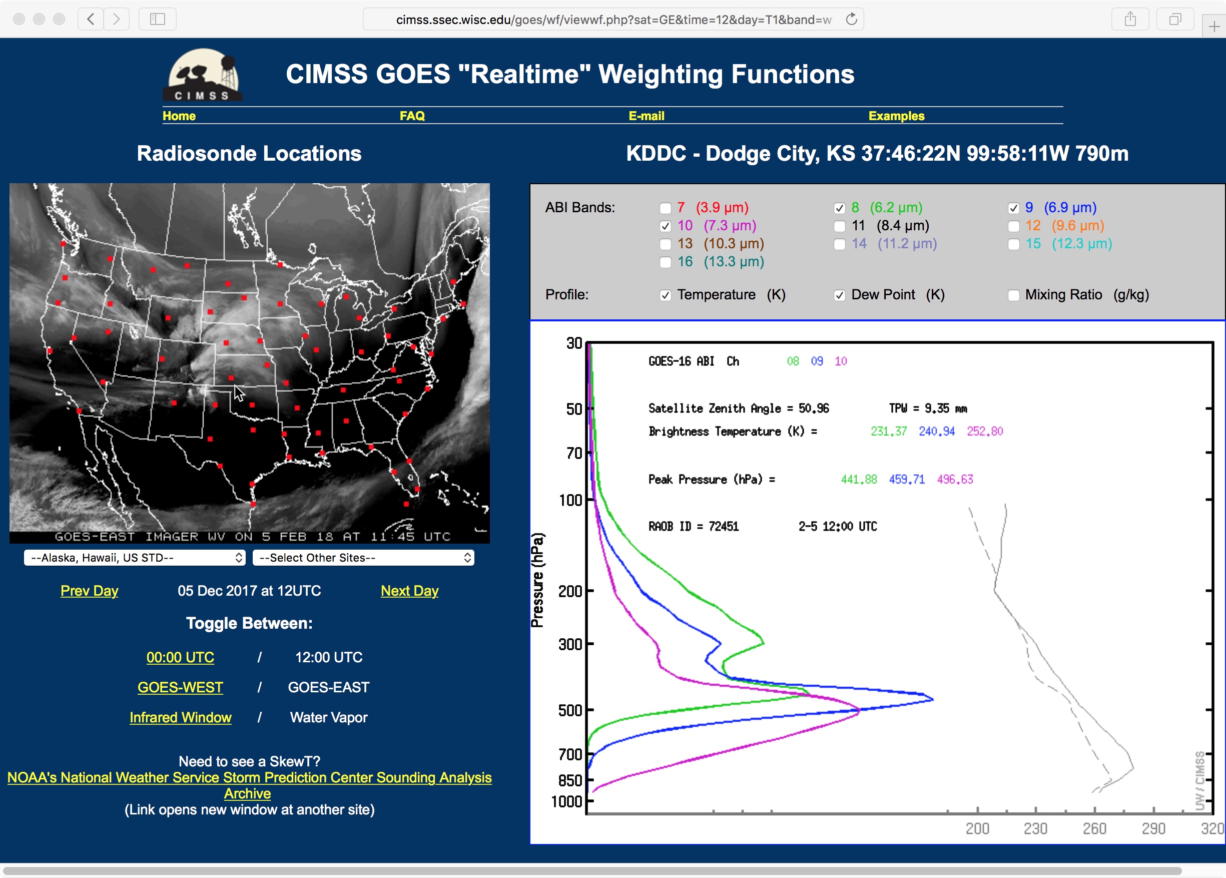 Weighting function plots for each of the three GOES-16 Water Vapor bands, calculated using 05 February/12 UTC rawinsonde data from Dodge City, Kansas [click to enlarge]