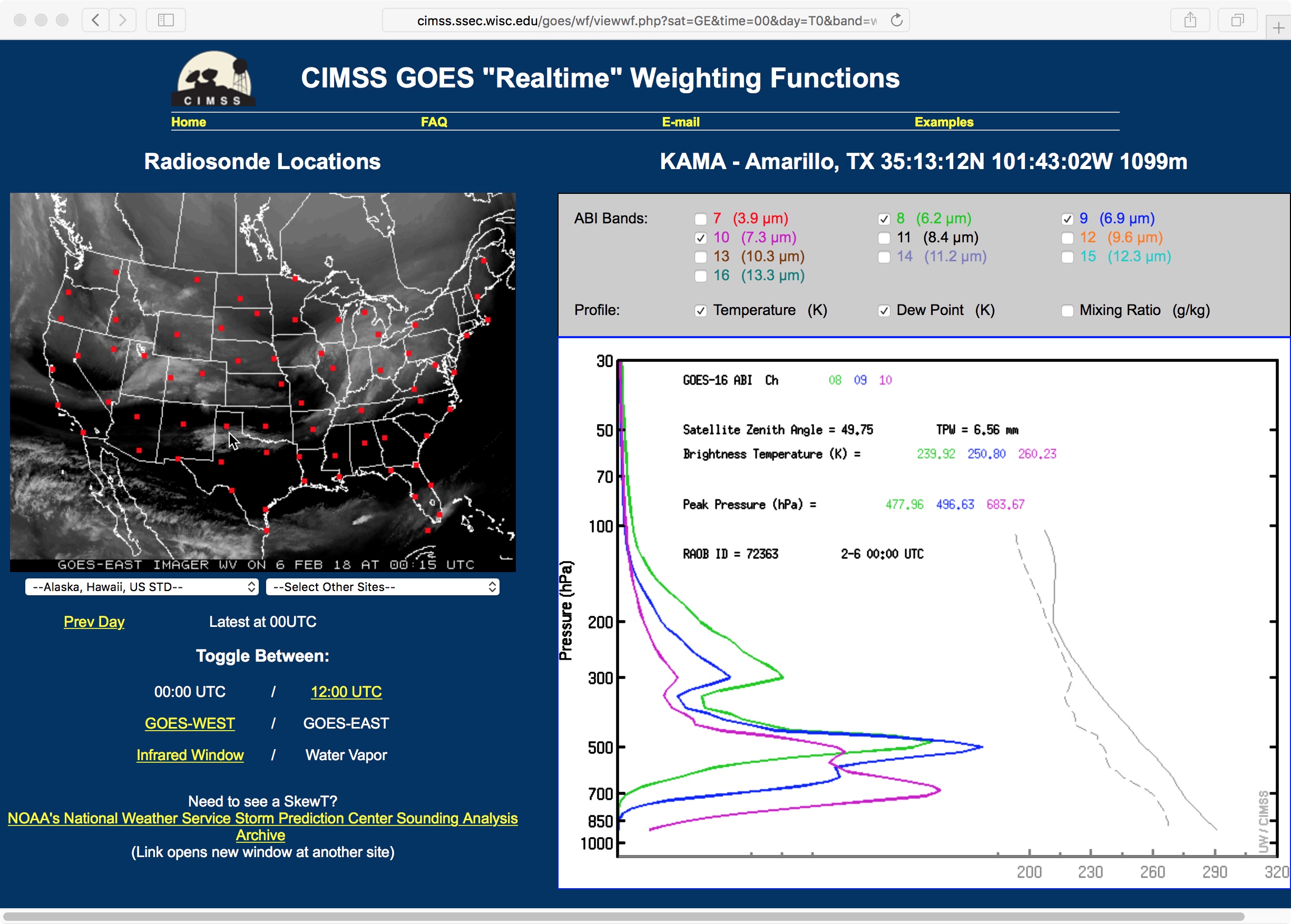 Weighting function plots for each of the three GOES-16 Water Vapor bands, calculated using 06 February/00 UTC rawinsonde data from Amarillo, Texas [click to enlarge]