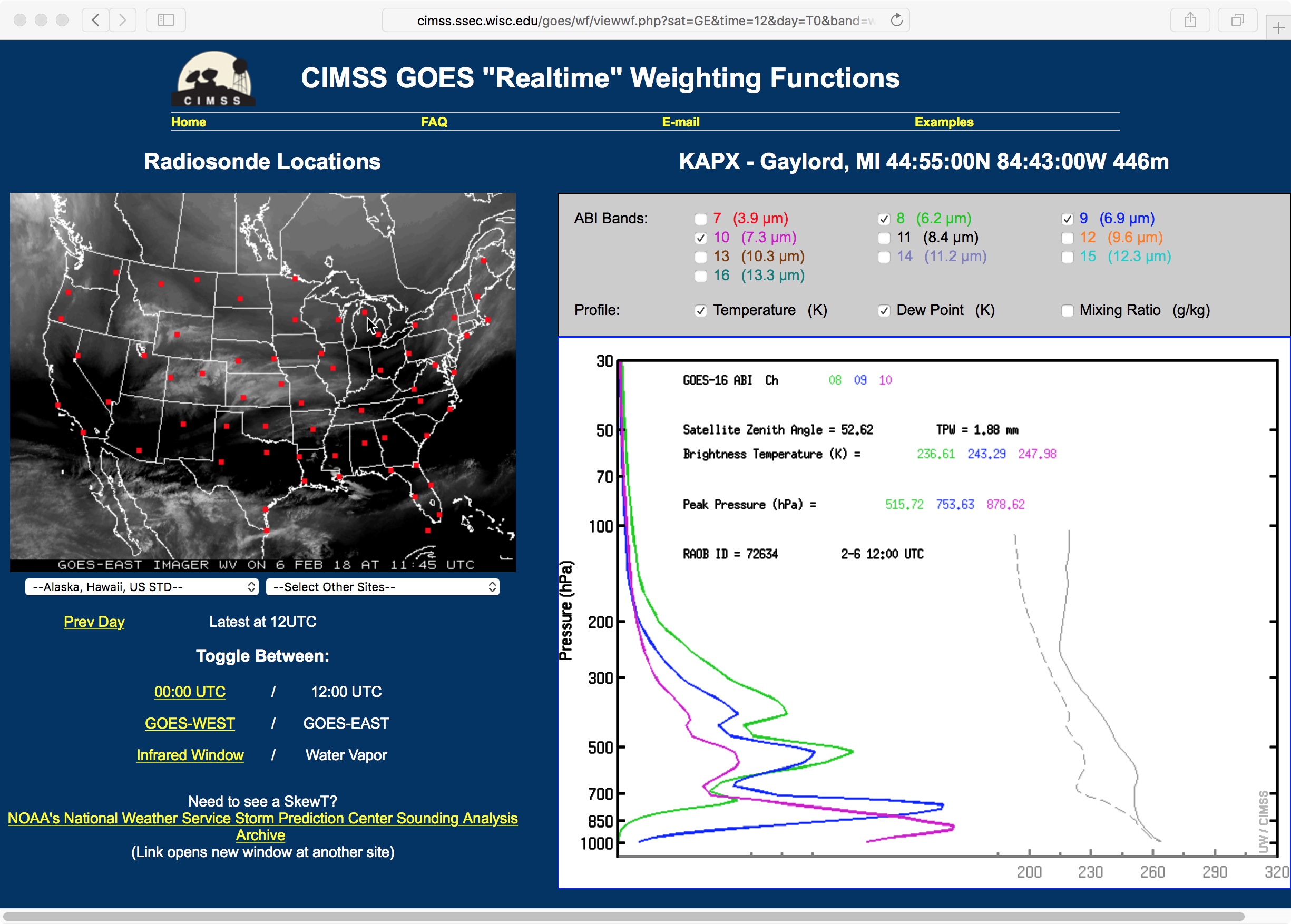 Weighting function plots for the three GOES-16 Water Vapor bands, calculated using rawinsonde data from Gaylord, Michigan [click to enlarge]