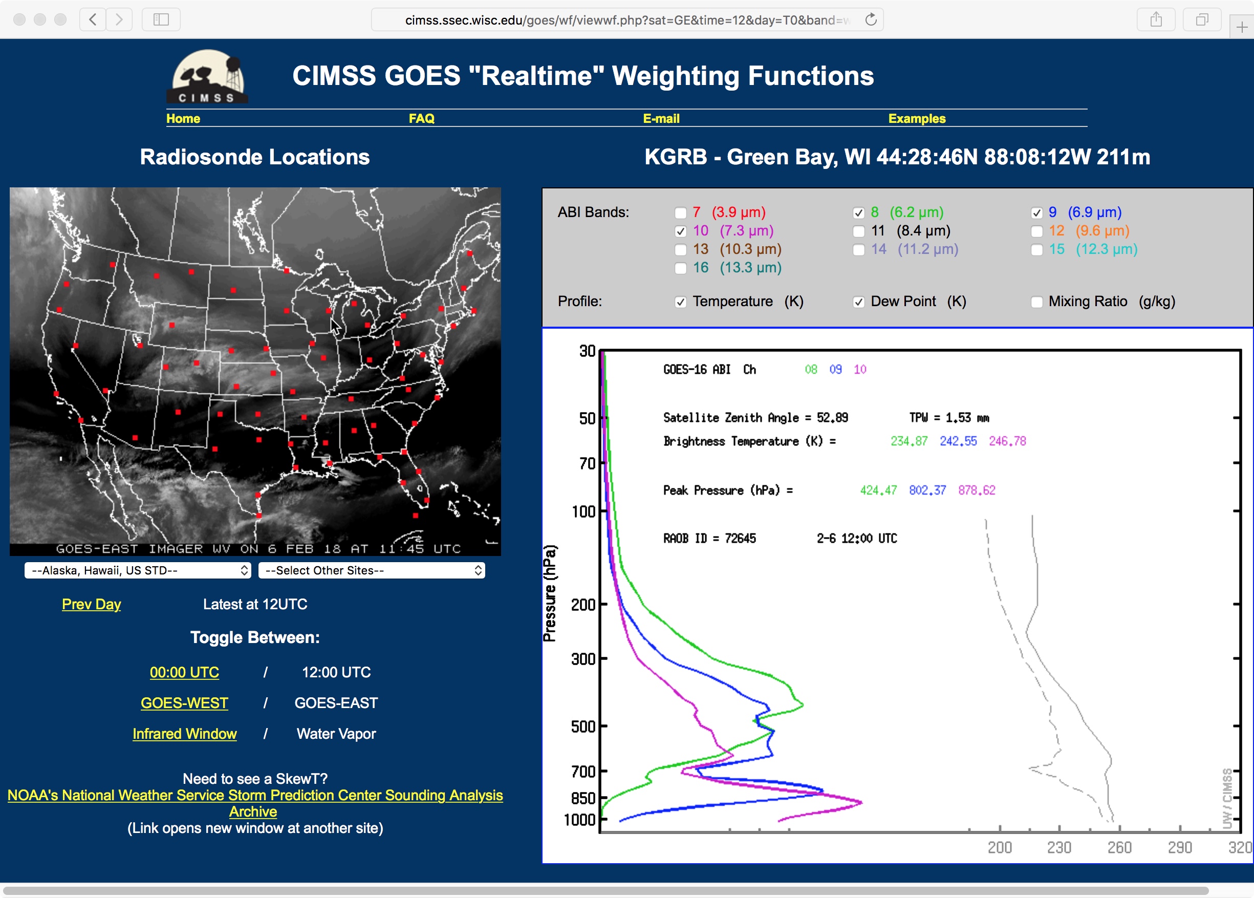 Weighting function plots for the three GOES-16 Water Vapor bands, calculated using rawinsonde data from Green Bay, Wisconsin [click to enlarge]