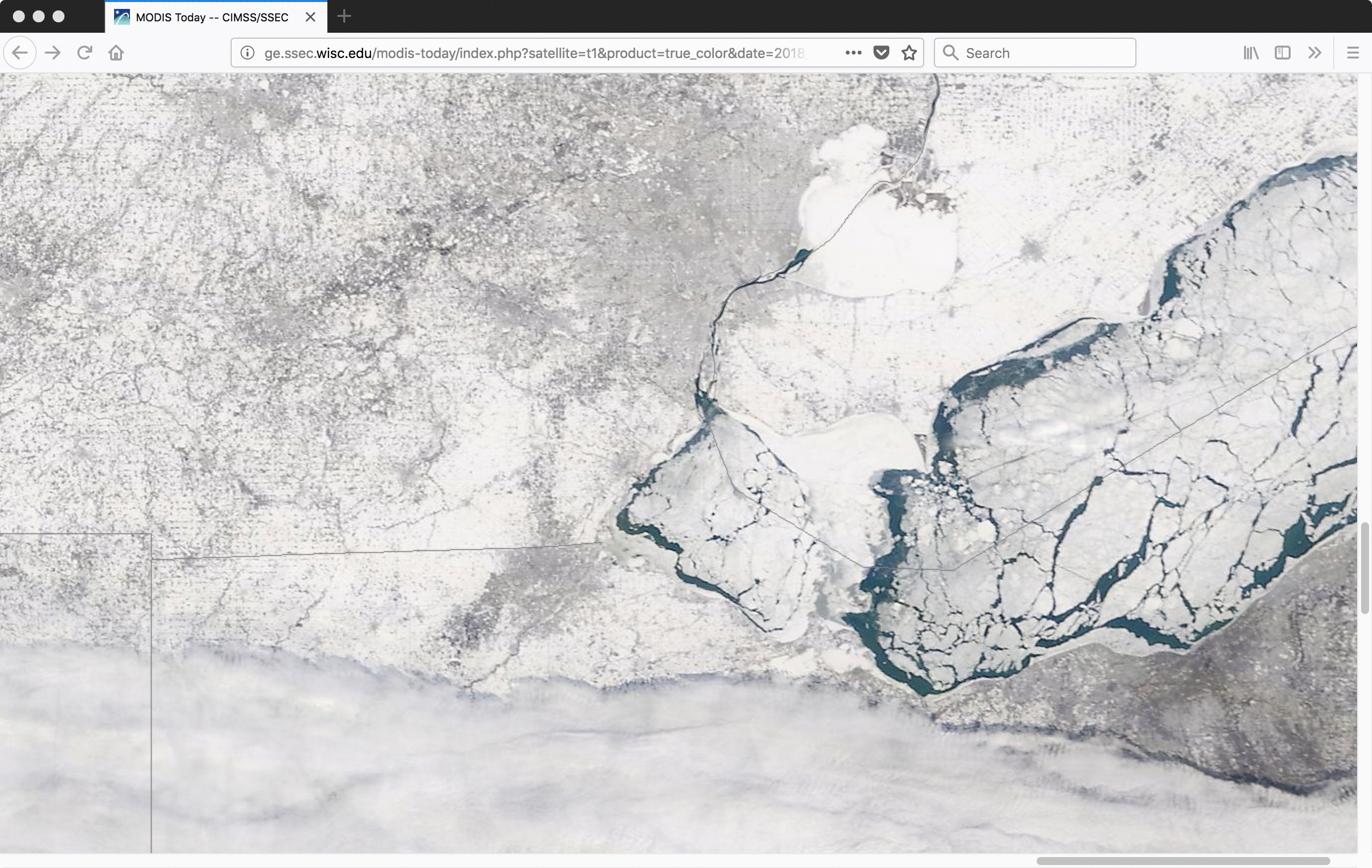 Terra and Aqua MODIS True-color RGB images of western Lake Erie [click to enlarge]