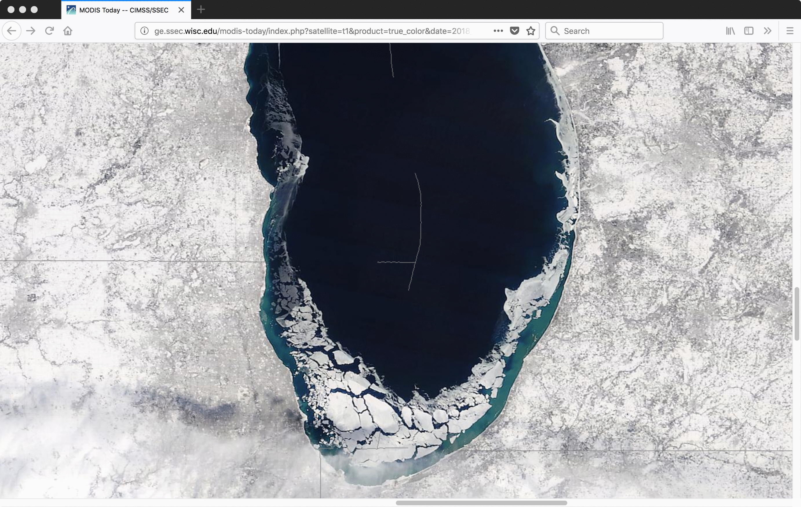 Terra and Aqua MODIS True-color RGB images of southern Lake Michigan [click to enlarge]
