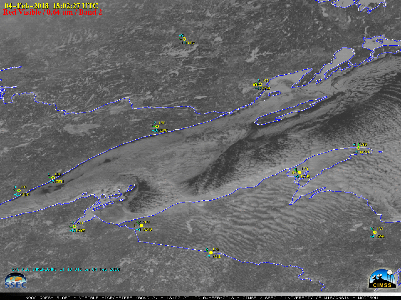 GOES-16 "Red" Visible (0.64 µm) images, with plots of hourly surface reports [click to play animation]