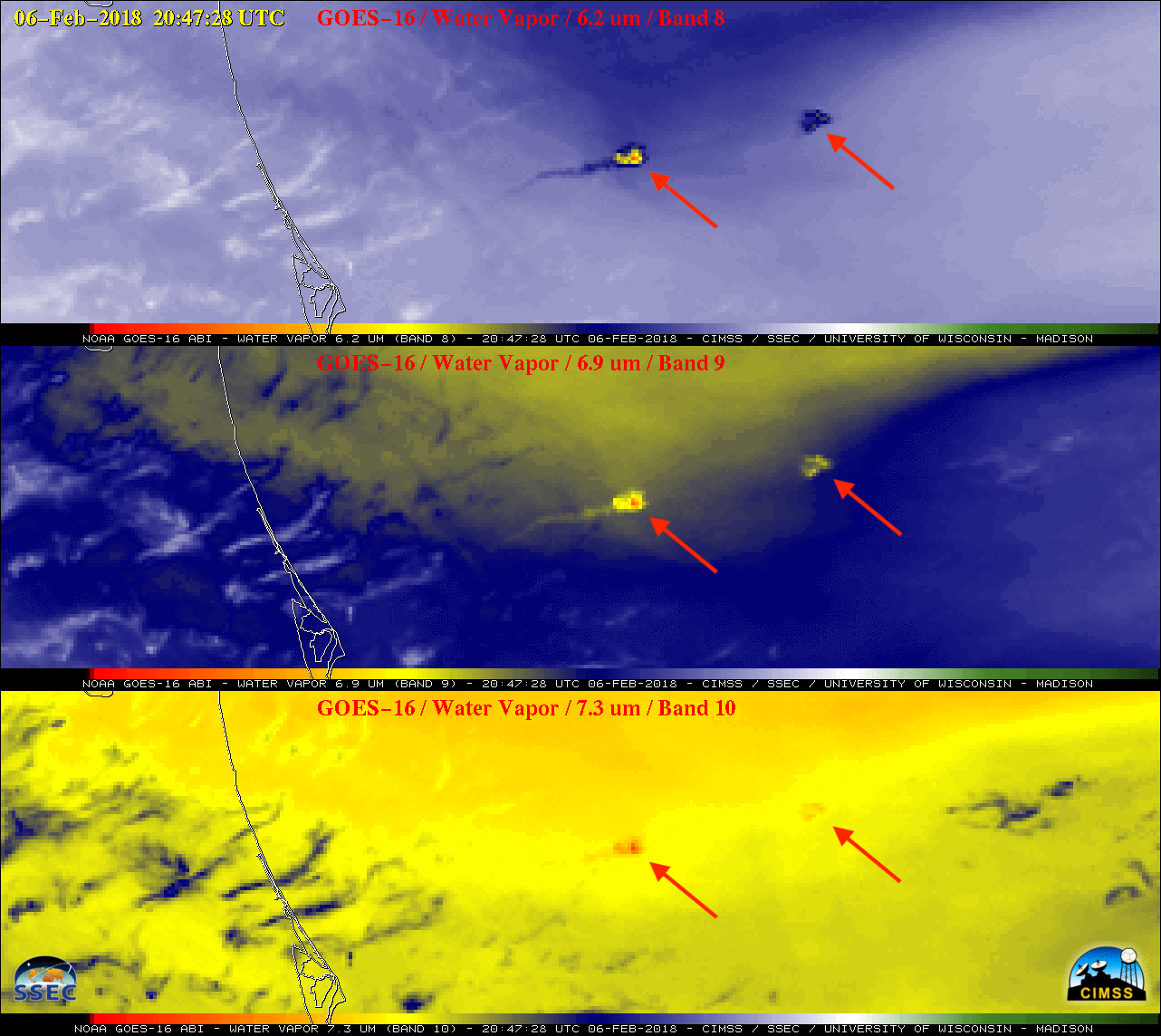 GOES-16 Upper-level (6.2 µm, top), Mid-level (6.9 µm, middle) and Low-level (7.3 µm) images [click to play animation]