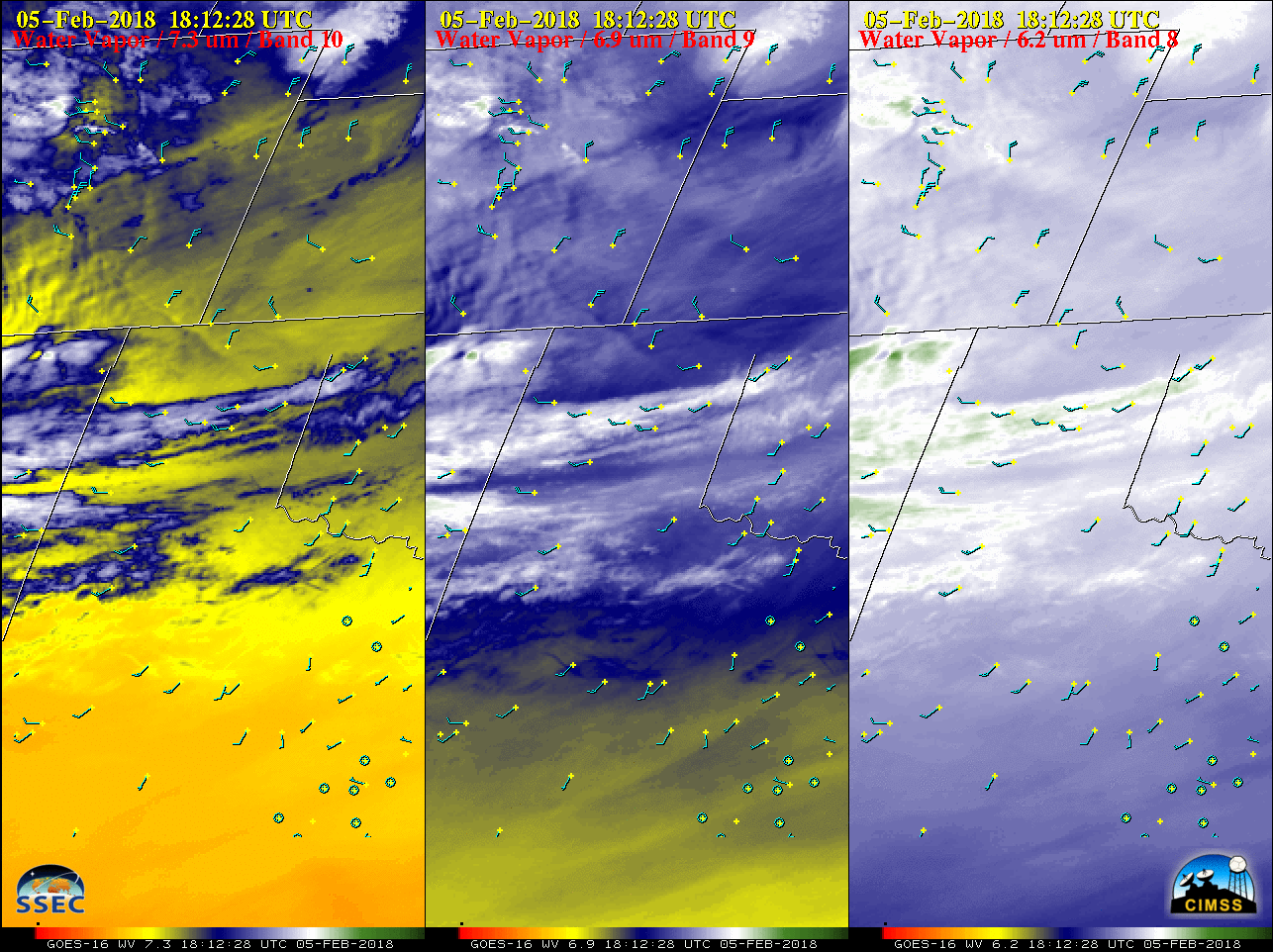 GOES-16 Low-level (7.3 µm, left), Mid-level (6.9 µm, middle) and Upper-level (6.2 µm, right) Water Vapor images, with hourly surface wind barbs plotted in cyan [click to play animation]