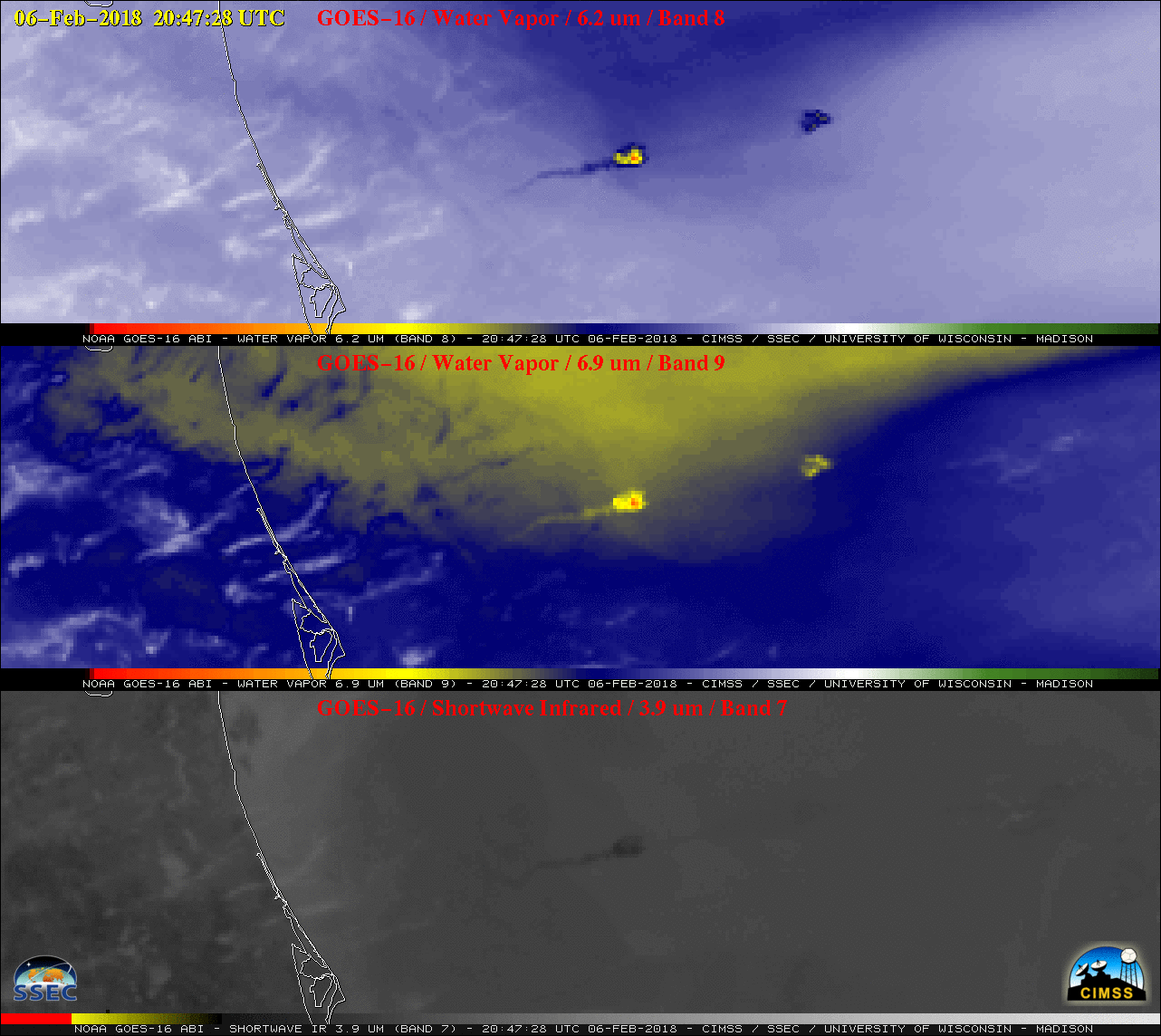 GOES-16 Upper-level (6.2 µm, top), Mid-level (6.9 µm, middle) and Shortwave Infrared (3.9 µm, bottom) image [click to enlarge]