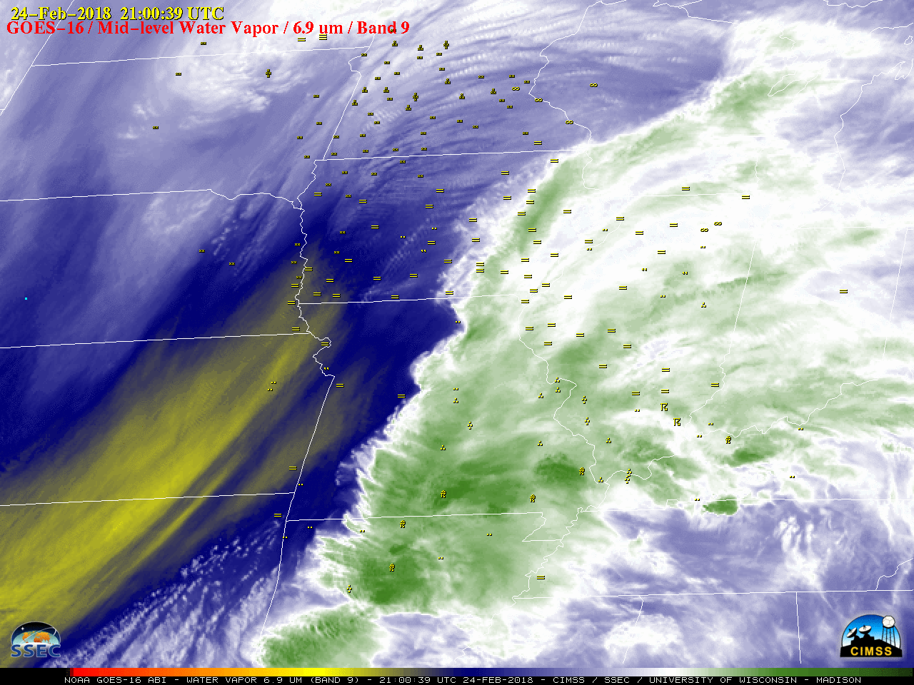 GOES-16 Mid-level Water Vapor (6.9 µm), with hourly plots of surface weather type [click to play Animated GIF | MP4 also available]