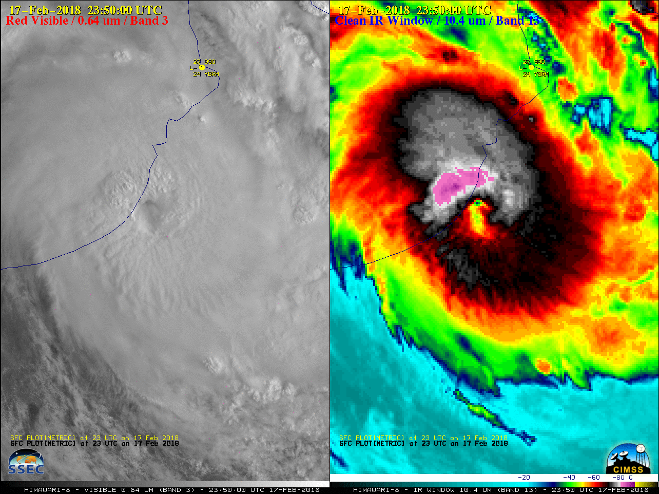 Himawari-8 Visible (0.64 µm, left) and Infrared Window (10.4 µm, right) images, with hourly surface plots at Broome [click to play Animated GIF | MP4 also available] 