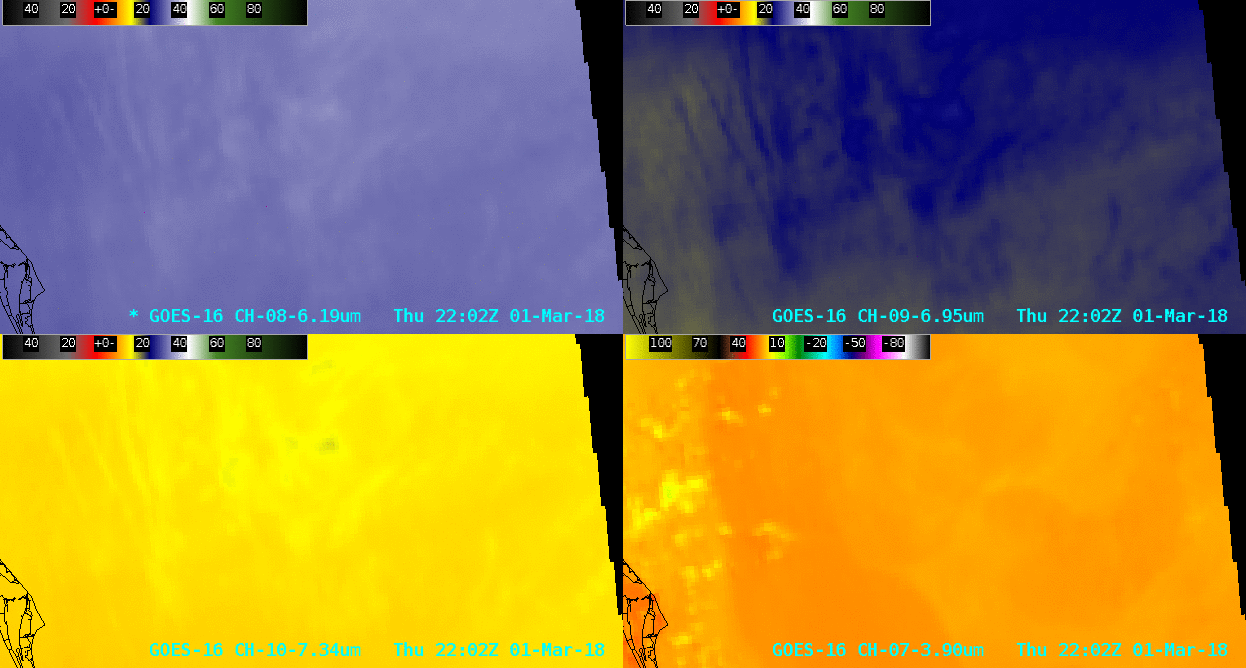 GOES-16 Upper-level (6.2 µm, top left), Mid-level (6.9 µm, top right), Low-level (7.3 µm, bottom left) and Shortwave Infrared (3.9 µm, bottom right) images [click to enlarge]