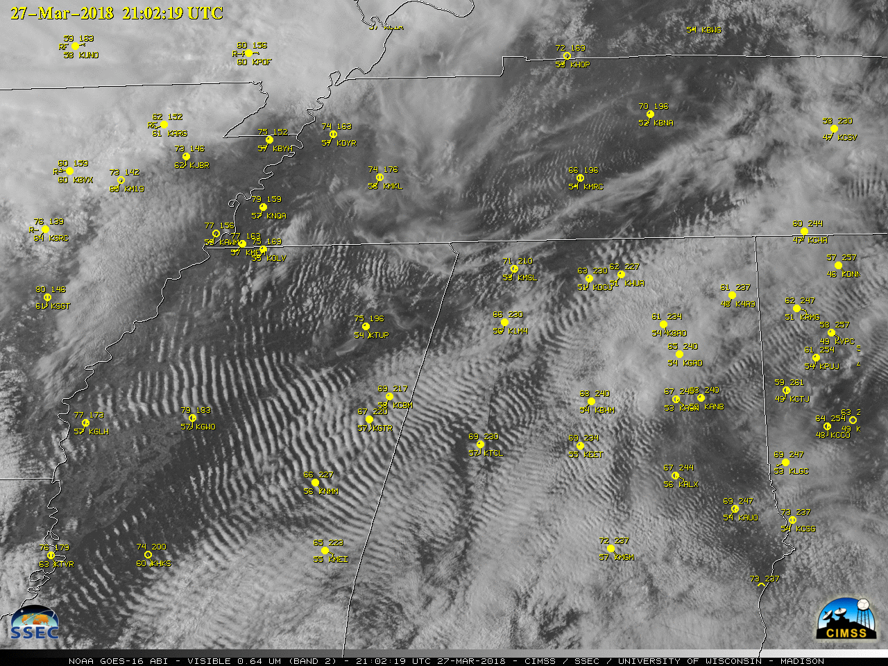 GOES-16 "Red" Visible (0.64 µm) images, with hourly surface observations plotted in yellow [click to play MP4 animation | Animated GIF also available]