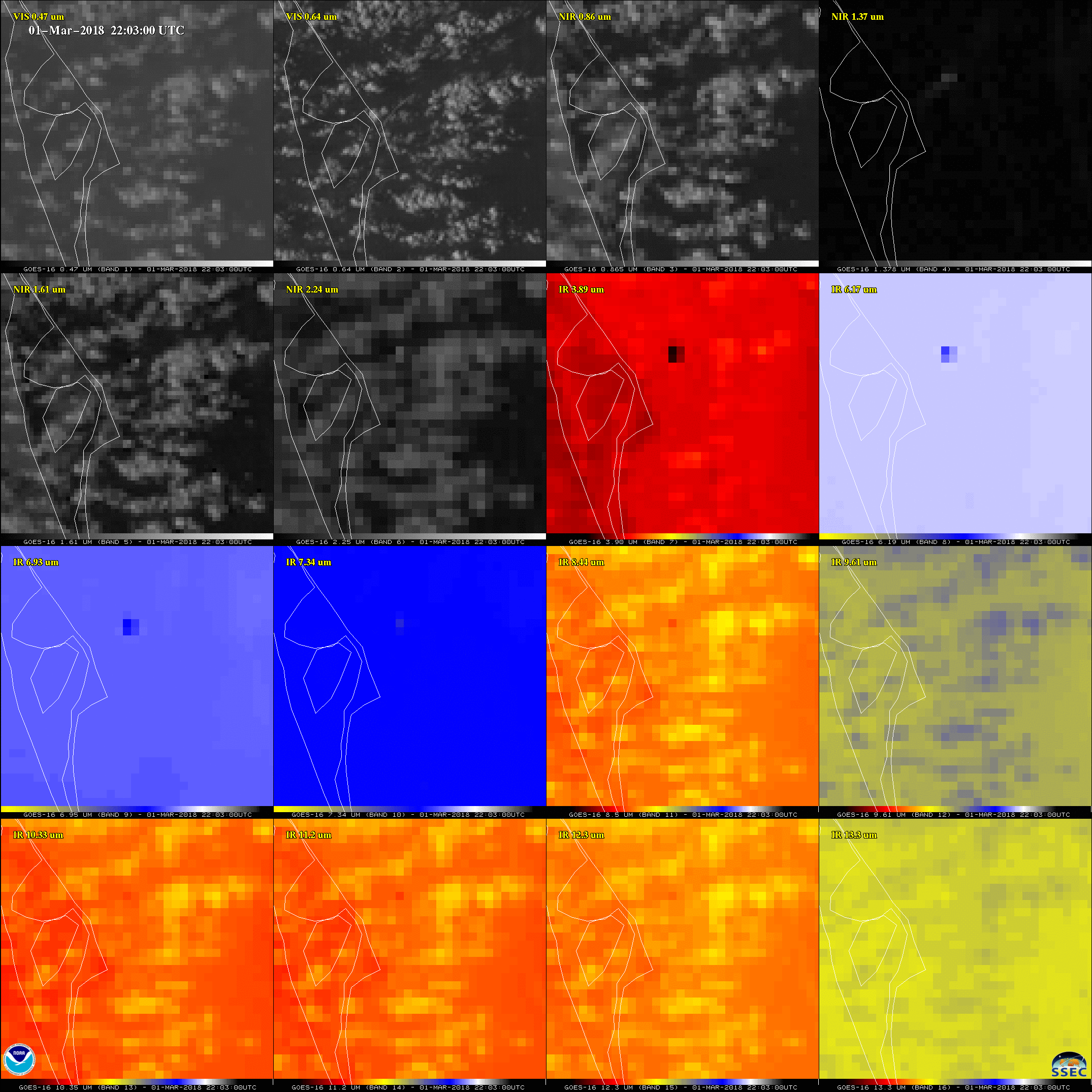 Multi-panel images showing all 16 spectral bands of the GOES-16 ABI [click to play animation] 