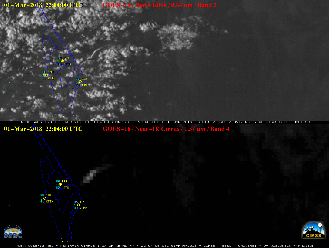 GOES-16 “Red” Visible (0.64 µm, top), “Blue” Visible (0.47 µm, middle) and Near-Infrared “Snow/Ice” (1.61 µm, bottom) images, with plots of surface reports [click to play animation]