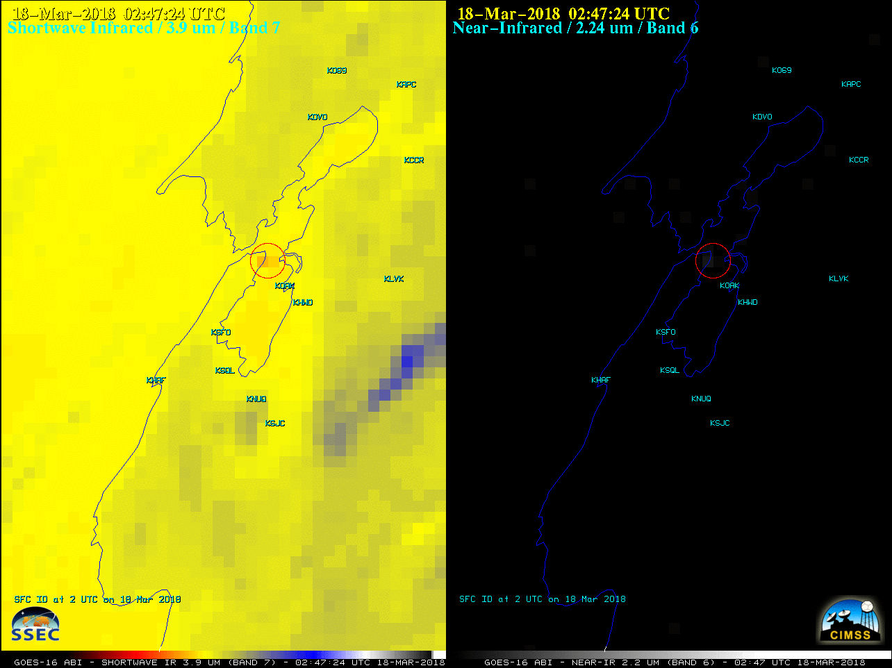 GOES-16 Shortwave Infrared (3.9 µm, left) and Near-Infrared (2.24 µm, right) images, with station identifiers plotted in cyan [click to play animation]