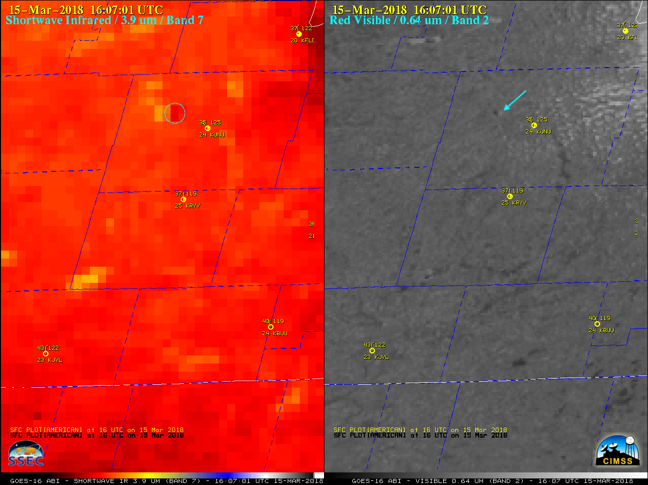 GOES-16 Shortwave Infrared (3.9 µm, left) and 