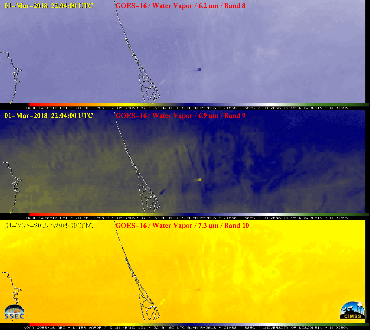 GOES-16 Upper-level (6.2 µm, top), Mid-level (6.9 µm, middle) and Low-level (7.3 µm, bottom) images [click to play animation]
