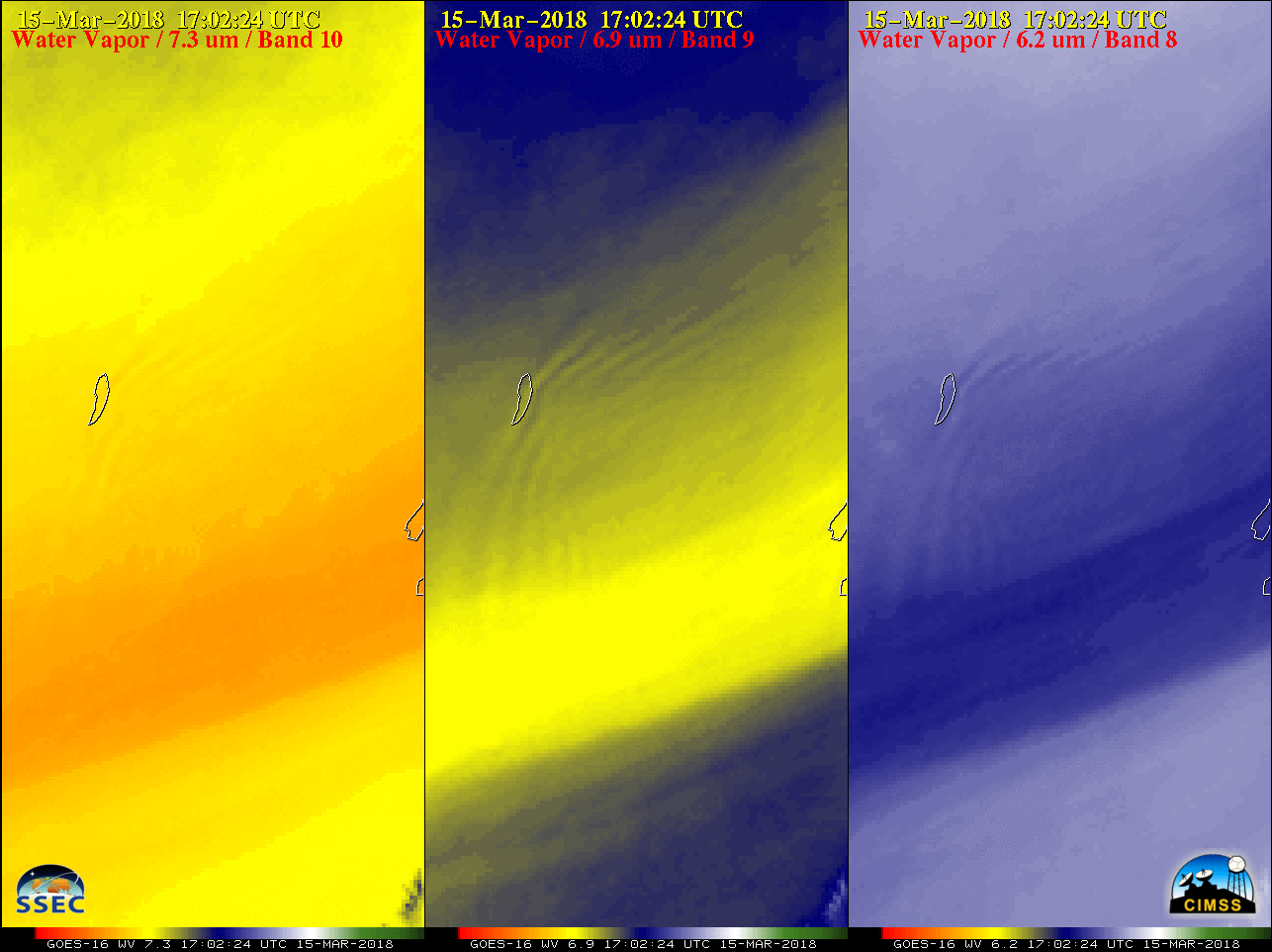 GOES-16 Low-level (7.3 µm, left), Mid-level (6.9 µm, center) and Upper-level (6.2 µm, right) Water Vapor images [click to play animation]