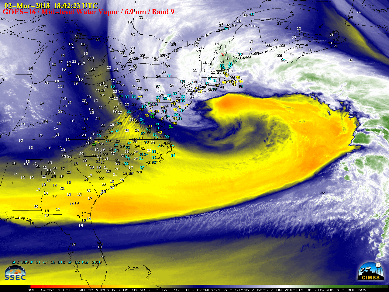 GOES-16 Mid-level (6.9 µm) images, with plots of hourly wind gusts [click to play MP4 animation]