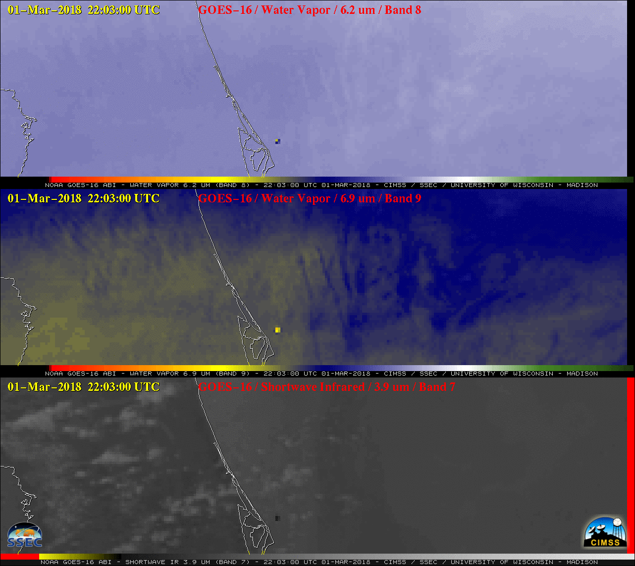 GOES-16 Upper-level (6.2 µm, top), Mid-level (6.9 µm, middle) and Shortwave Infrared (3.9 µm, bottom) image [click to enlarge]