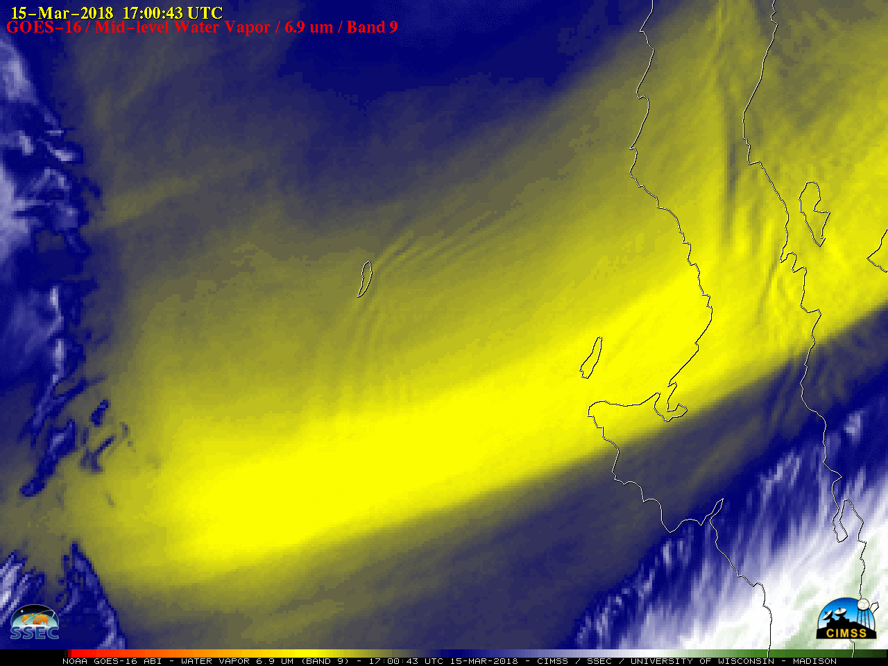 GOES-16 Mid-level (6.9 µm) Water Vapor images [click to play animation]