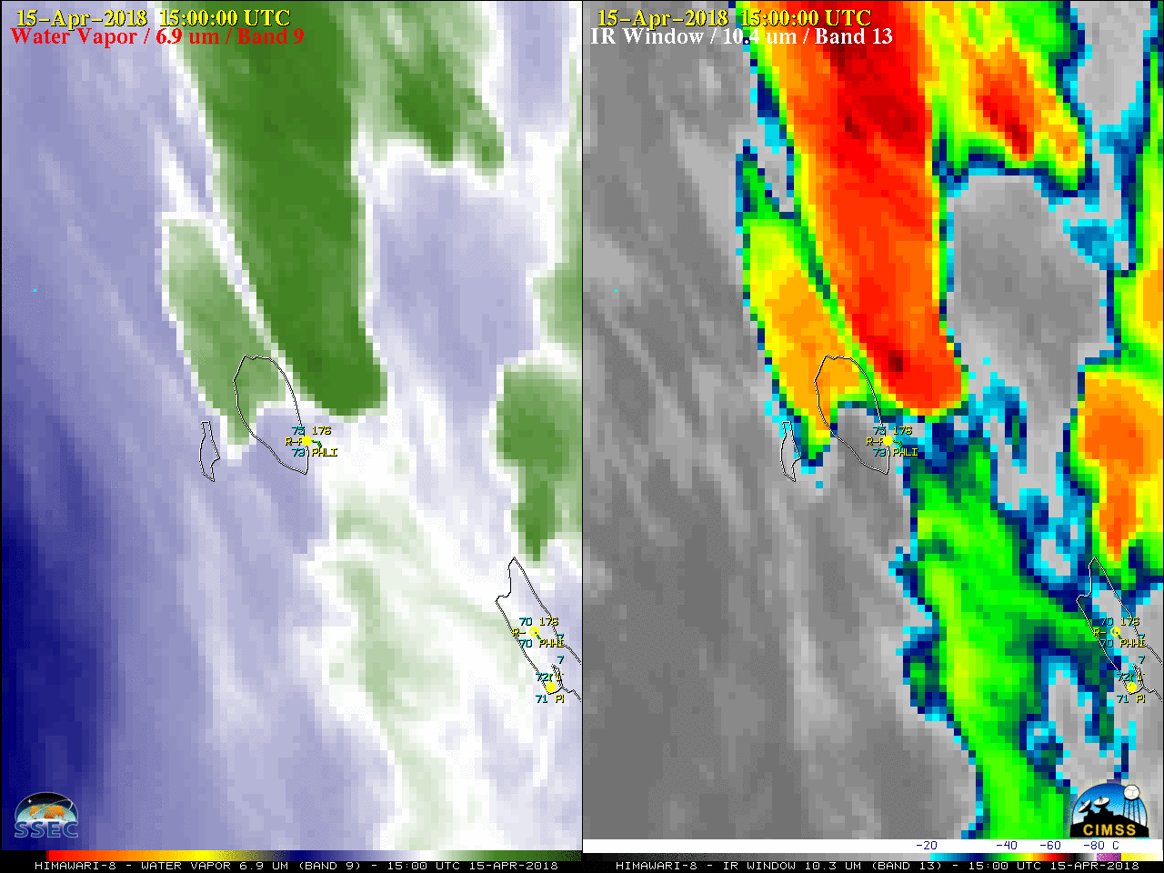 Himawari-8 Water Vapor (6.9 µm, left) and Infrared Window (10.4 µm, right) images, with hourly plots of surface reports [click to play MP4 animation]