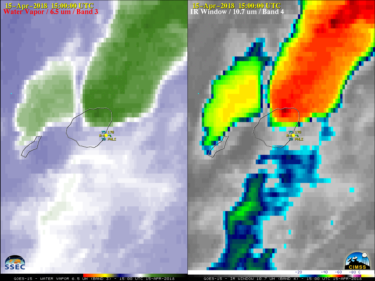 GOES-15 Water Vapor (6.5 µm, left) and Infrared Window (10.7 µm, right) images, with hourly plots of surface reports [click to play MP4 animation]