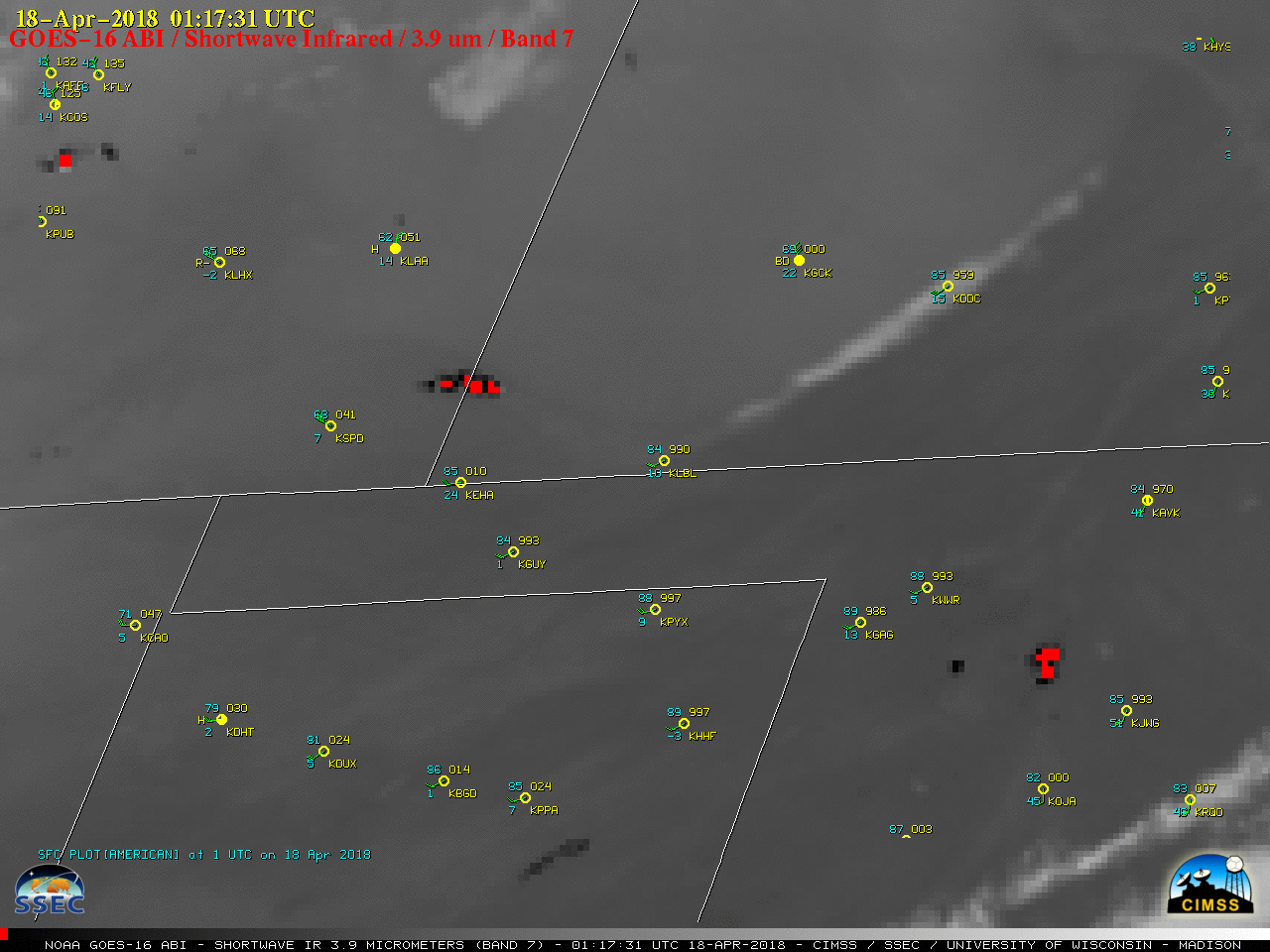 GOES-16 Shortwave Infrared (3.9 µm) images, with hourly plots of surface reports [click to play MP4 animation]