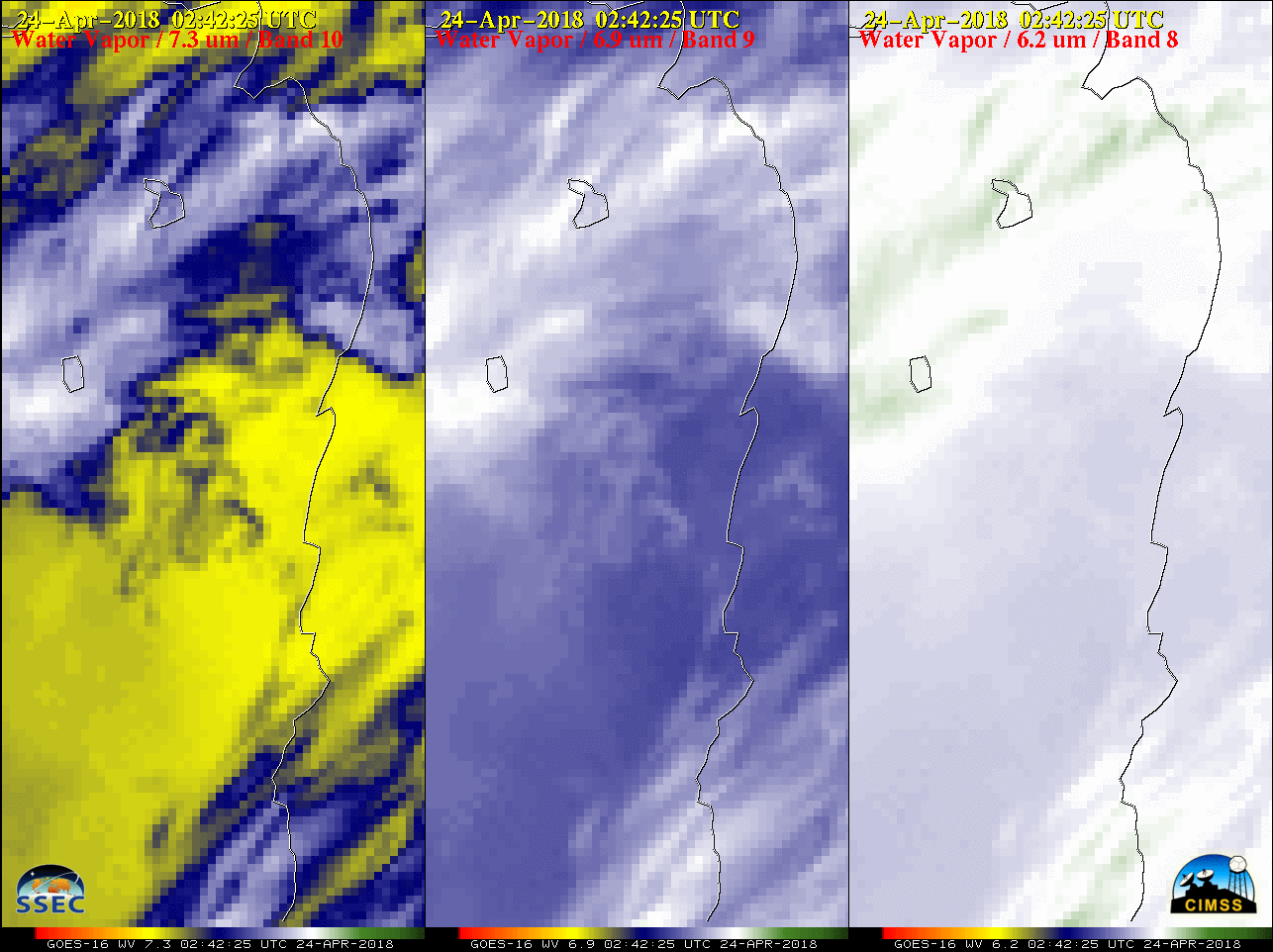 GOES-16 Low-level (7.3 µm, left), Mid-level (6.9 µm, center) and Upper-level (6.2 µm, right) Water Vapor images [click to play animation | MP4]