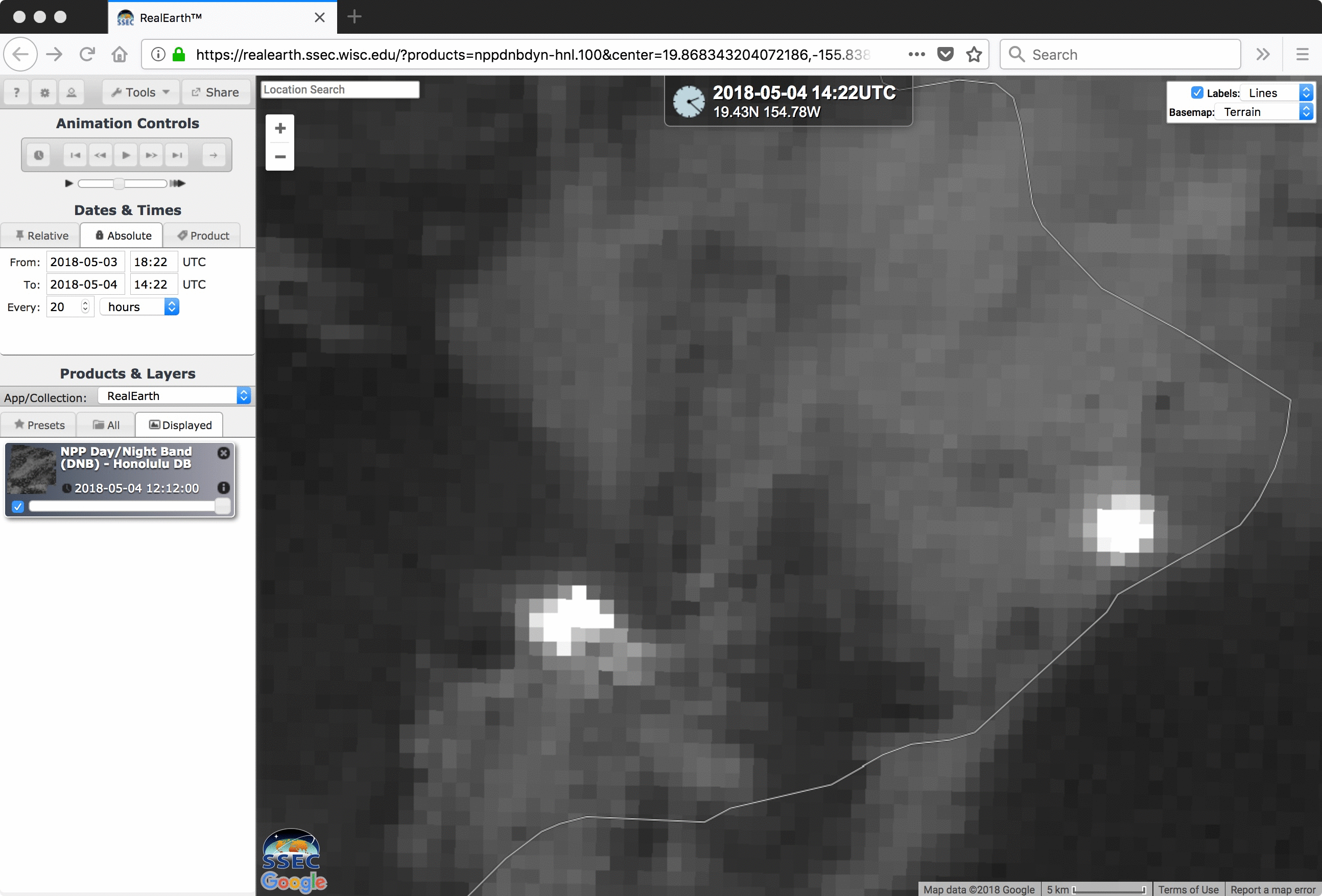 Suomi NPP VIIRS Day.Night Band (0.7 µm) images, with island boundary and Google Maps labels [click to enlarge]