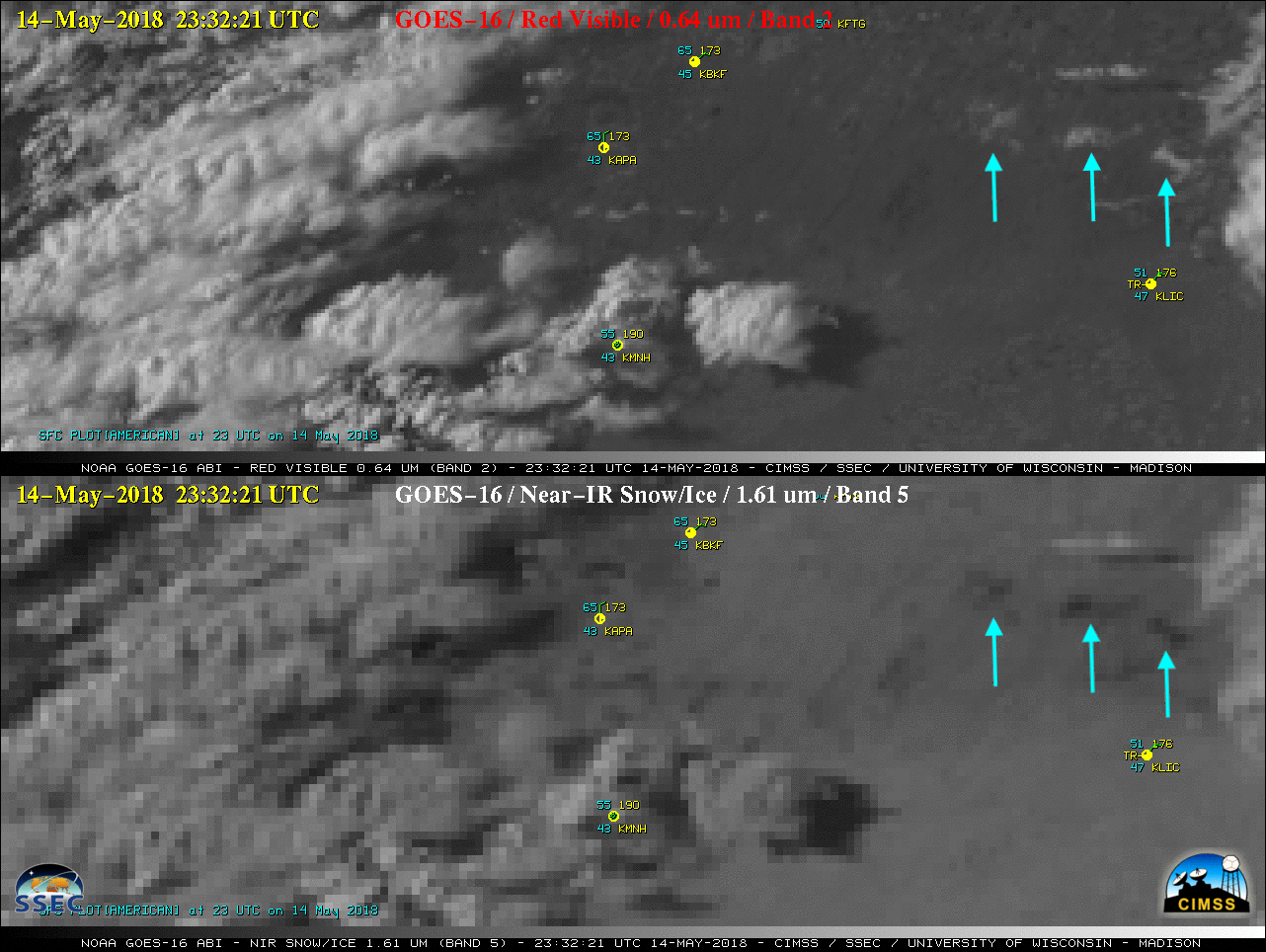 GOES-16 “Red” Visible (0.64 µm, top) and Near-Infrared 