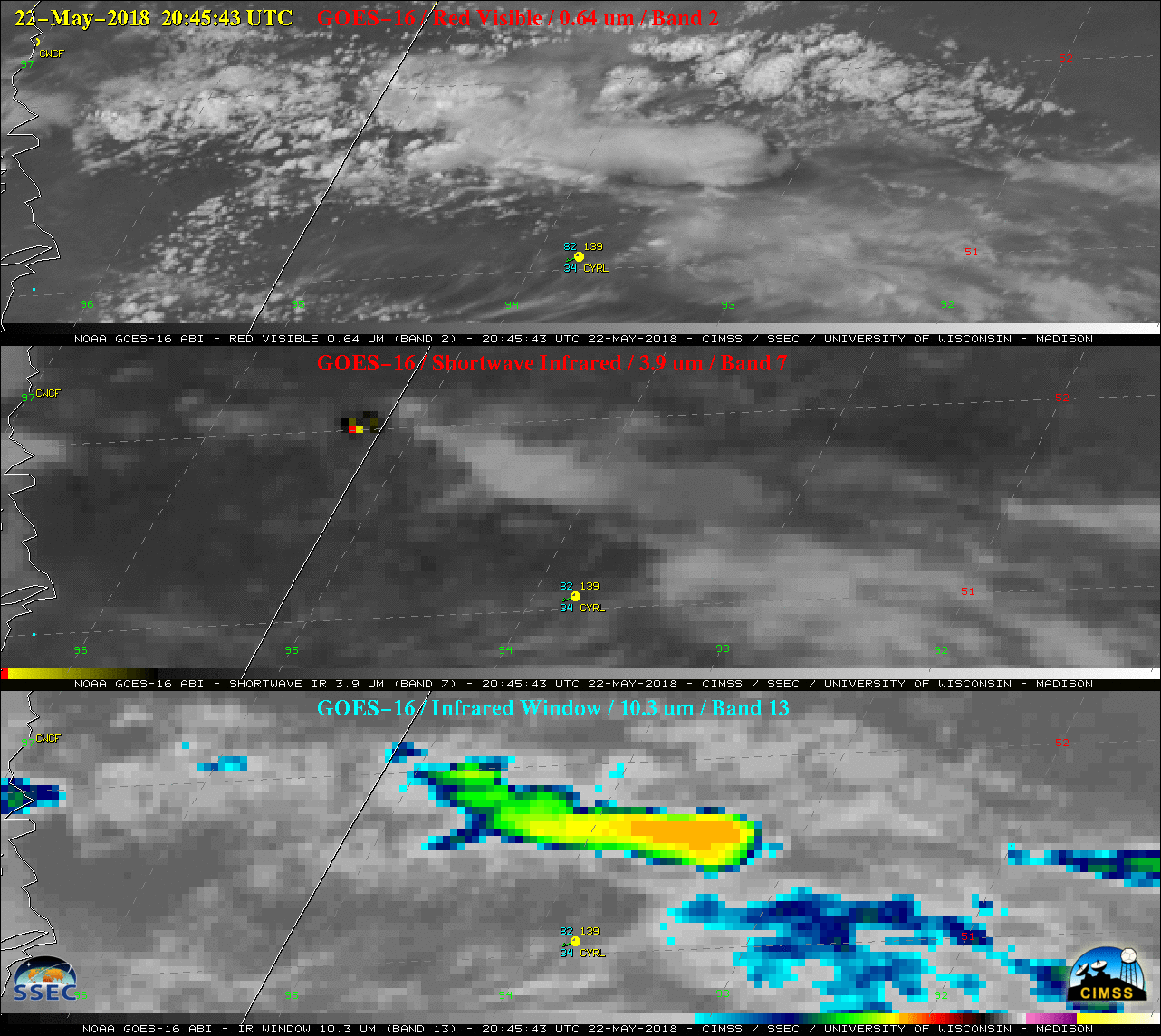 GOES-16 “Red” Visible (0.64 µm, top), Shortwave Infrared (3.9 µm, center) and “Clean” Infrared Window (10.3 µm, bottom) images, with hourly plots of surface reports [click to play MP4 animation]