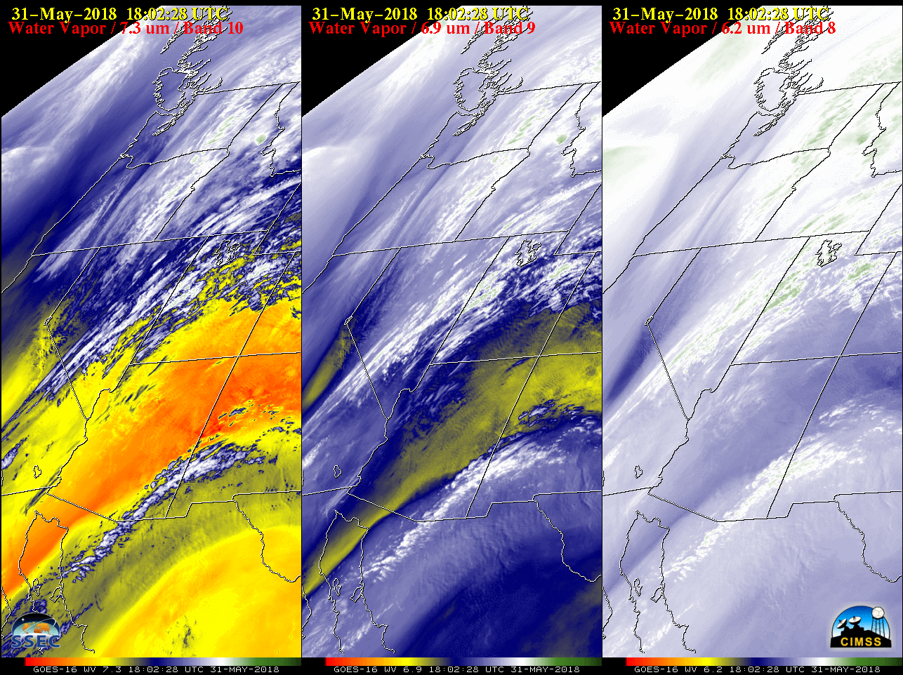 GOES-16 Lower-level (7.3 µm, left), Mid-level (6.9 µm, center) and Upper-level (6.2 µm, right) Water Vapor images [click to play MP4 animation]