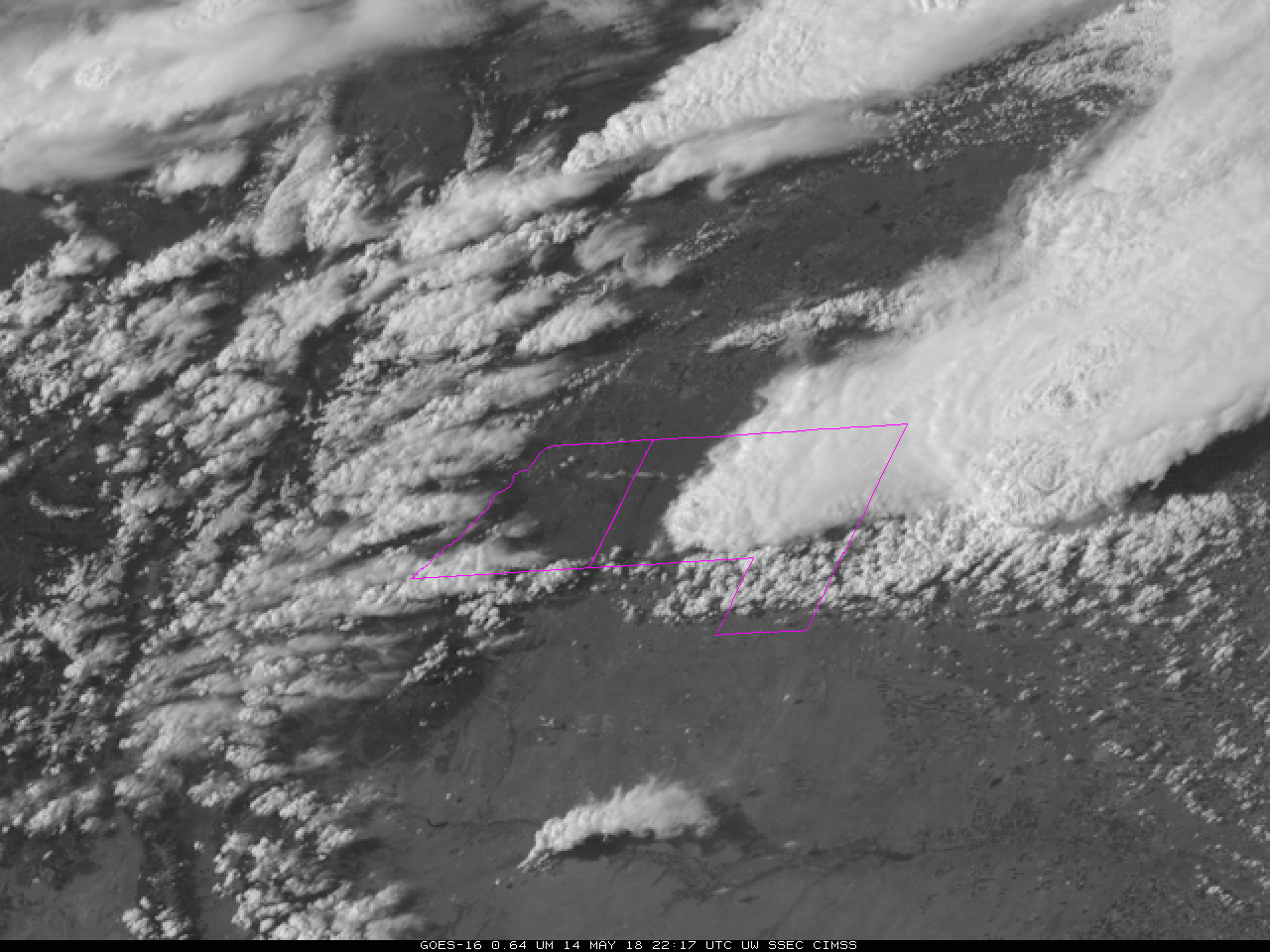 GOES-16 Band 2 (“Red Visible”, 0.64 µm) and Band 5 (“Snow/Ice”, 1.61 µm) imagery at 2217 UTC on 15 May 2018 showing hail on the ground in Douglas and Elbert counties, Colorado (Click to enlarge)