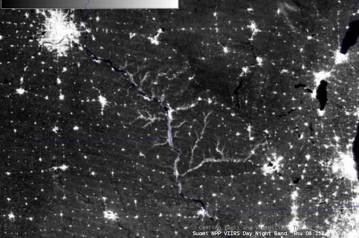 Suomi NPP VIIRS Day/Night Band (0.7 µm) and "Fog Product" Infrared Brightness Temperature Difference (11.0 - 3.7 µm) images, with plots of Ceiling and Visibility [click to enlarge]
