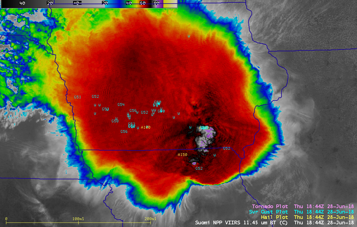 Suomi NPP VIIRS Infrared Window (11.45 µm) images, with SPC storm reports plotted during the 3 hours preceding the 1844 UTC image [click to enlarge]