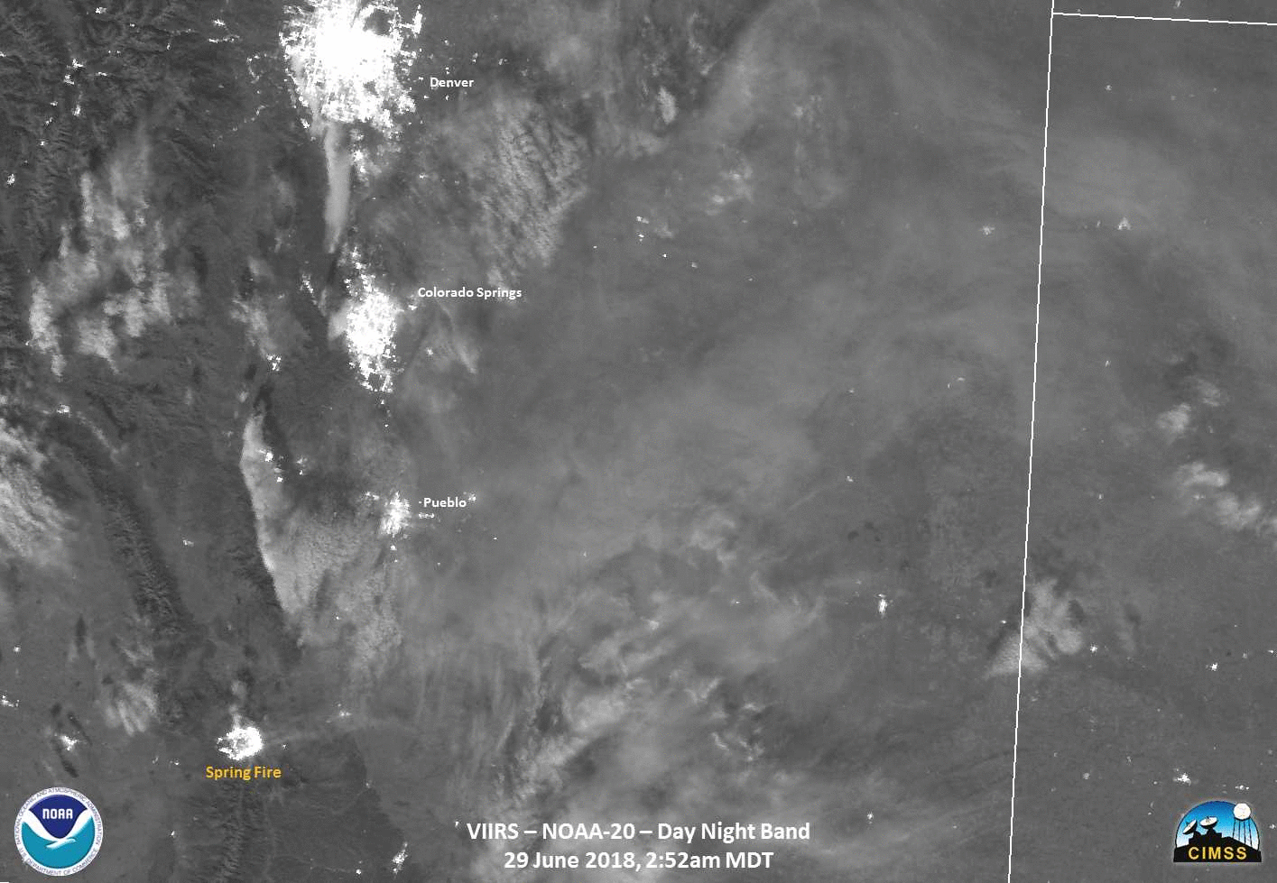 NOAA-20 VIIRS Day/Night Band (0.7 µm), Shortwave Infrared (3.75 µm and 4.05 µm) and Near-Infrared (1.61 µm and 2.25 µm) images [click to enlarge]