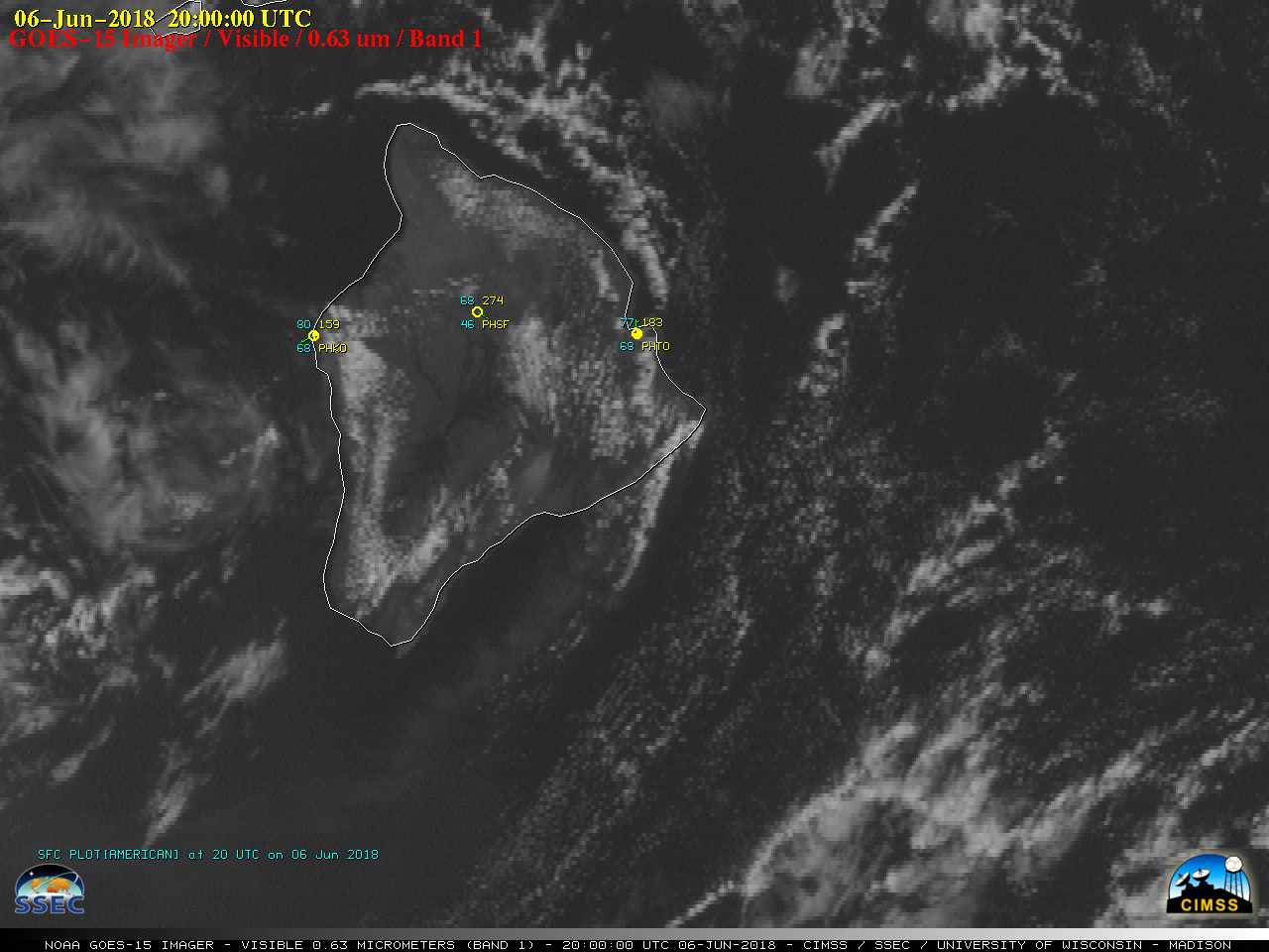 GOES-15 Visible (0.63 µm) images, with hourly plots of surface reports [click to play MP4 animation]
