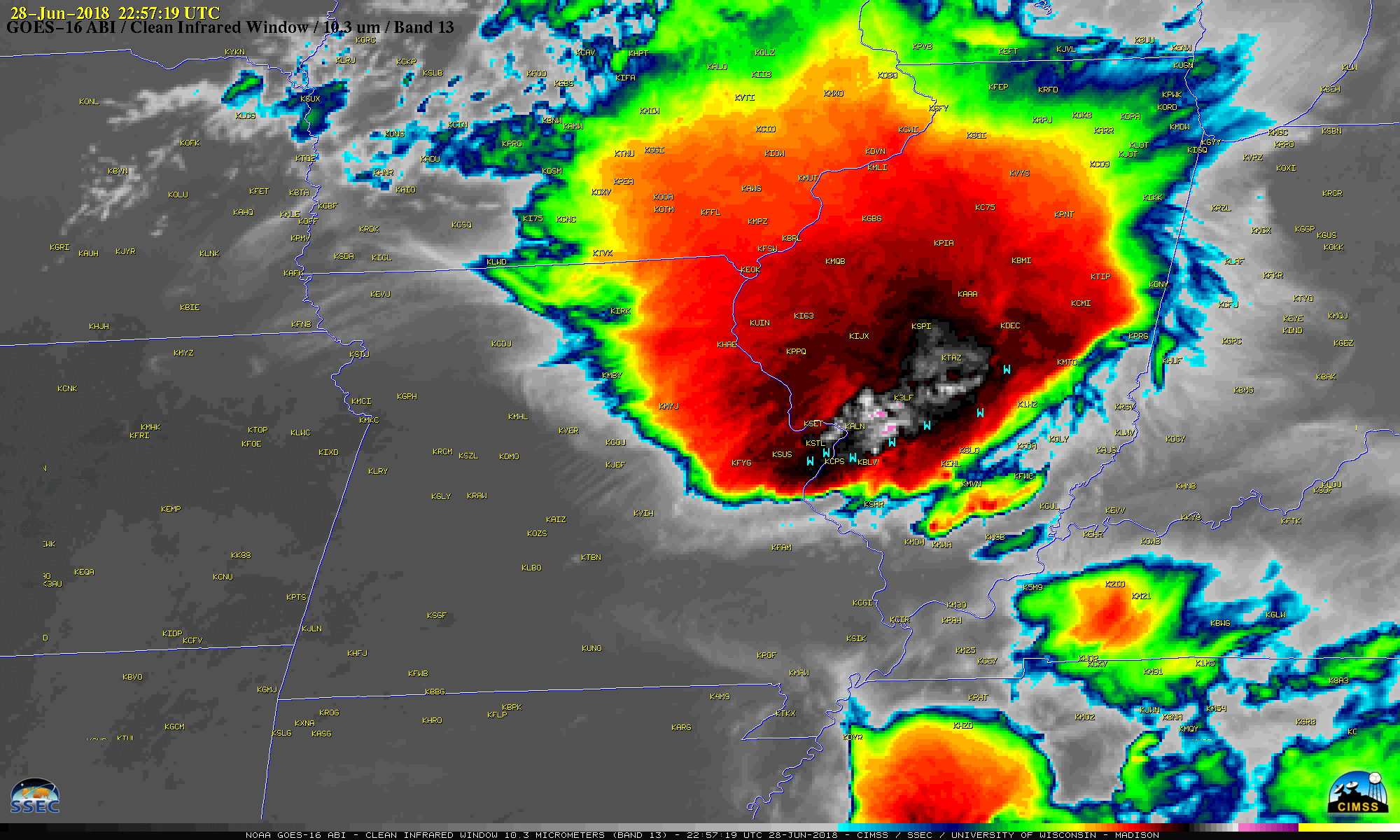 GOES-16 "Clean" Infrared Window (10.3 µm) images, with SPC storm reports plotted in cyan [click to play MP4 animation]