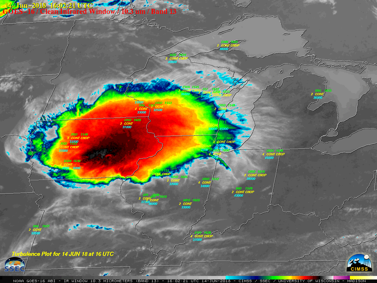 GOES-16 "Clean" Infrared Window (10.3 µm) images, with hourly plots of turbulence [click to play MP4 animation]