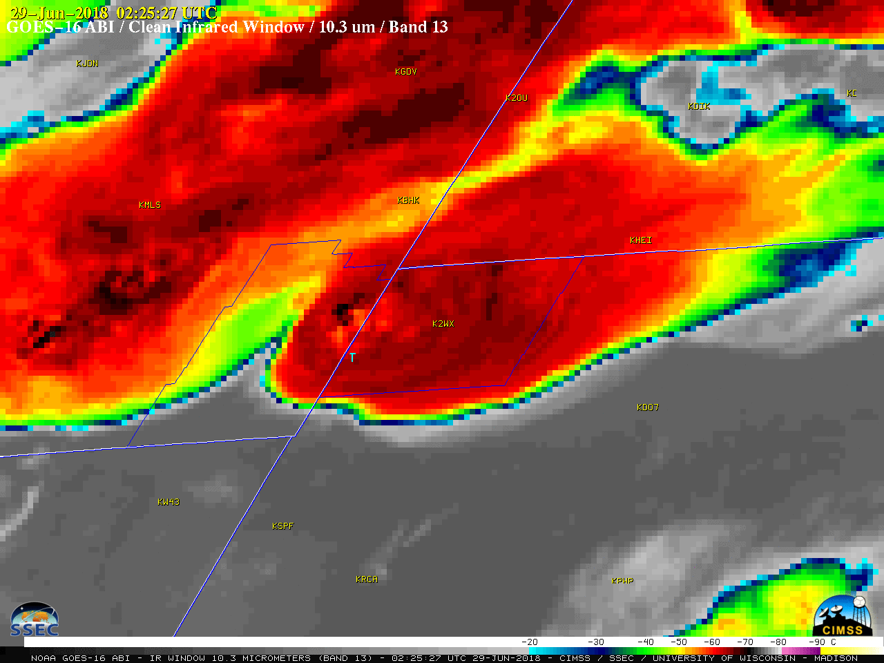 GOES-16 "Clean" Infrared Window (10.3 µm) images, with SPC storm reports plotted in red; Carter County, Montana and Harding County, South Dakota are outlined in blue [click to play MP4 animation]